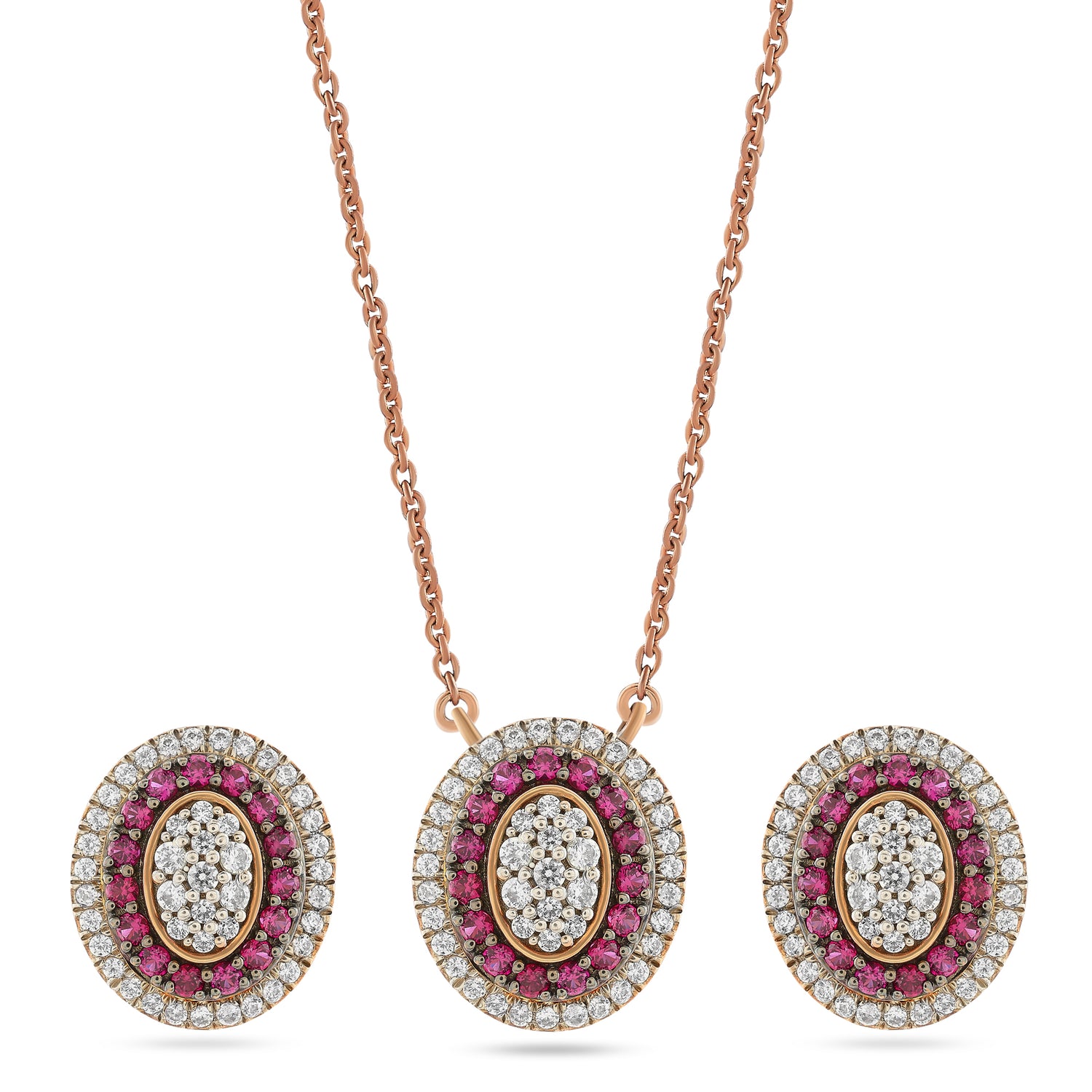 A Romantic Radiance Oval Halo Pendant and Stud Earrings Set