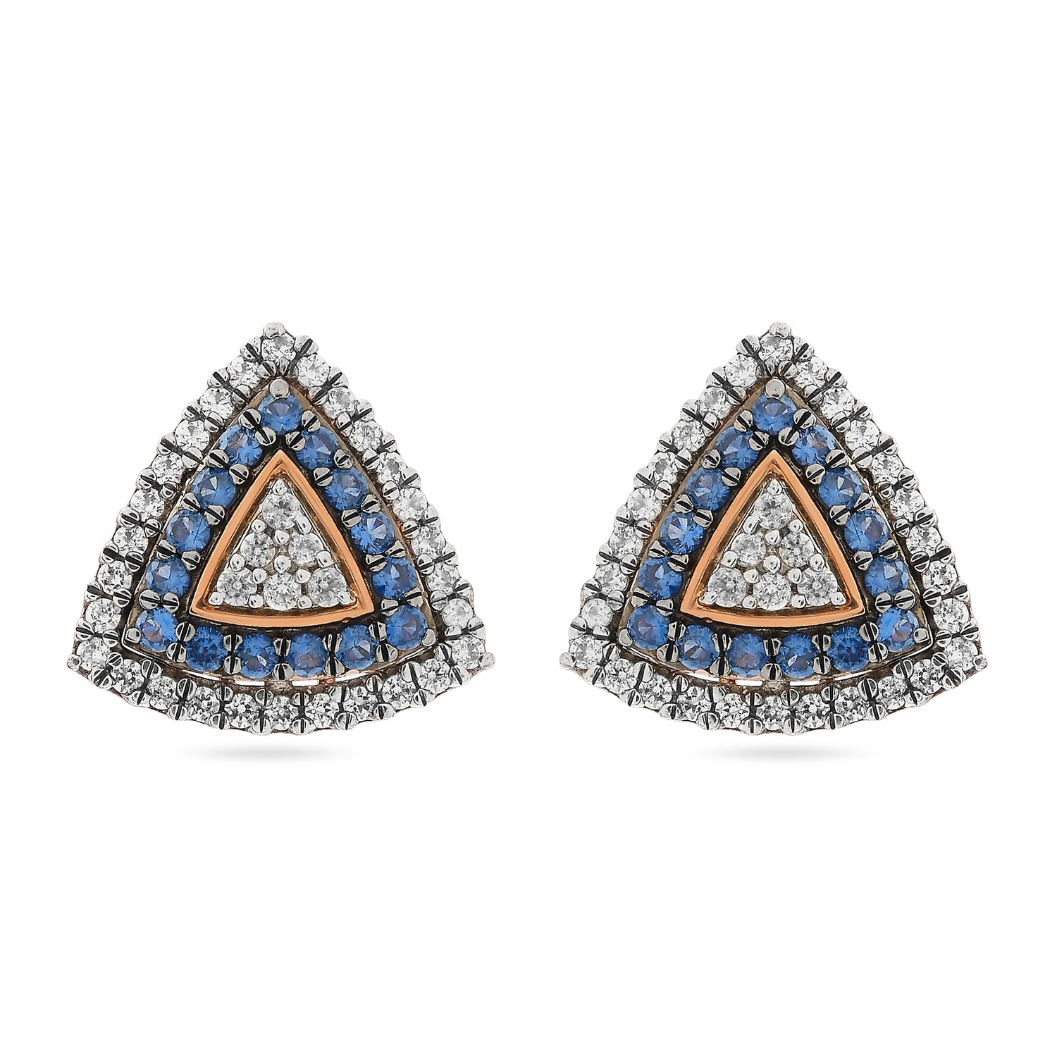 Enchanting Celestial Azure Trillion Cut Double Halo Stud Earrings