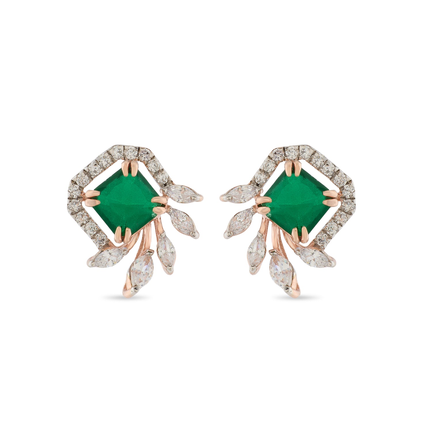 Nature Inspired Square Halo Stud Earrings with Leaf Accents