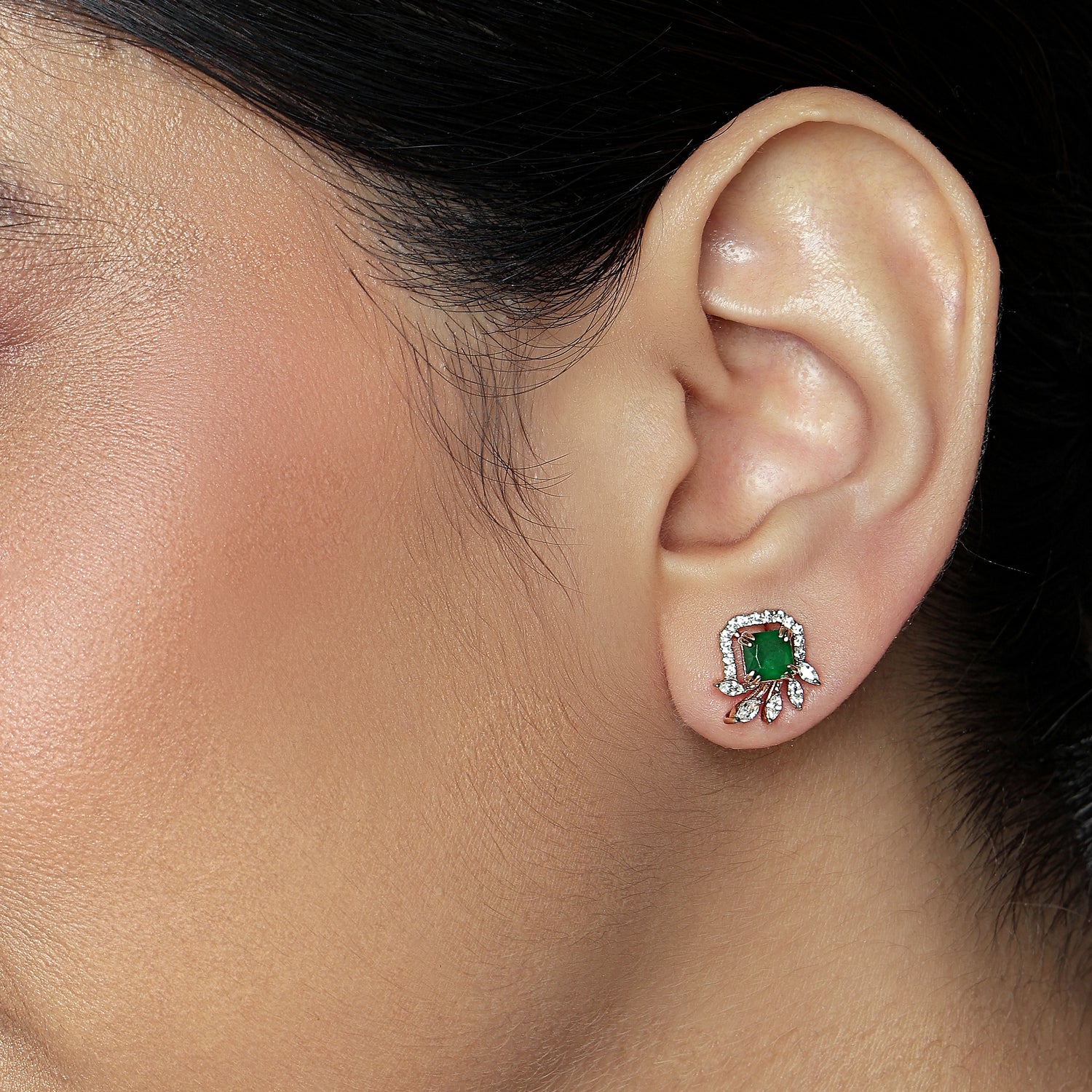 Nature Inspired Square Halo Stud Earrings with Leaf Accents