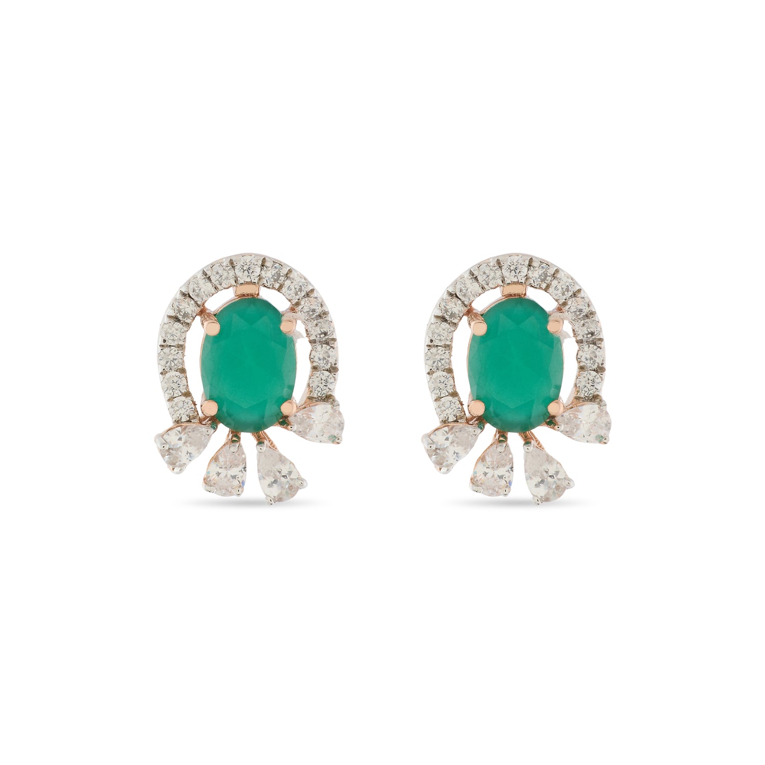 Classic Oval Halo Stud Earrings with Graceful Fan Accents