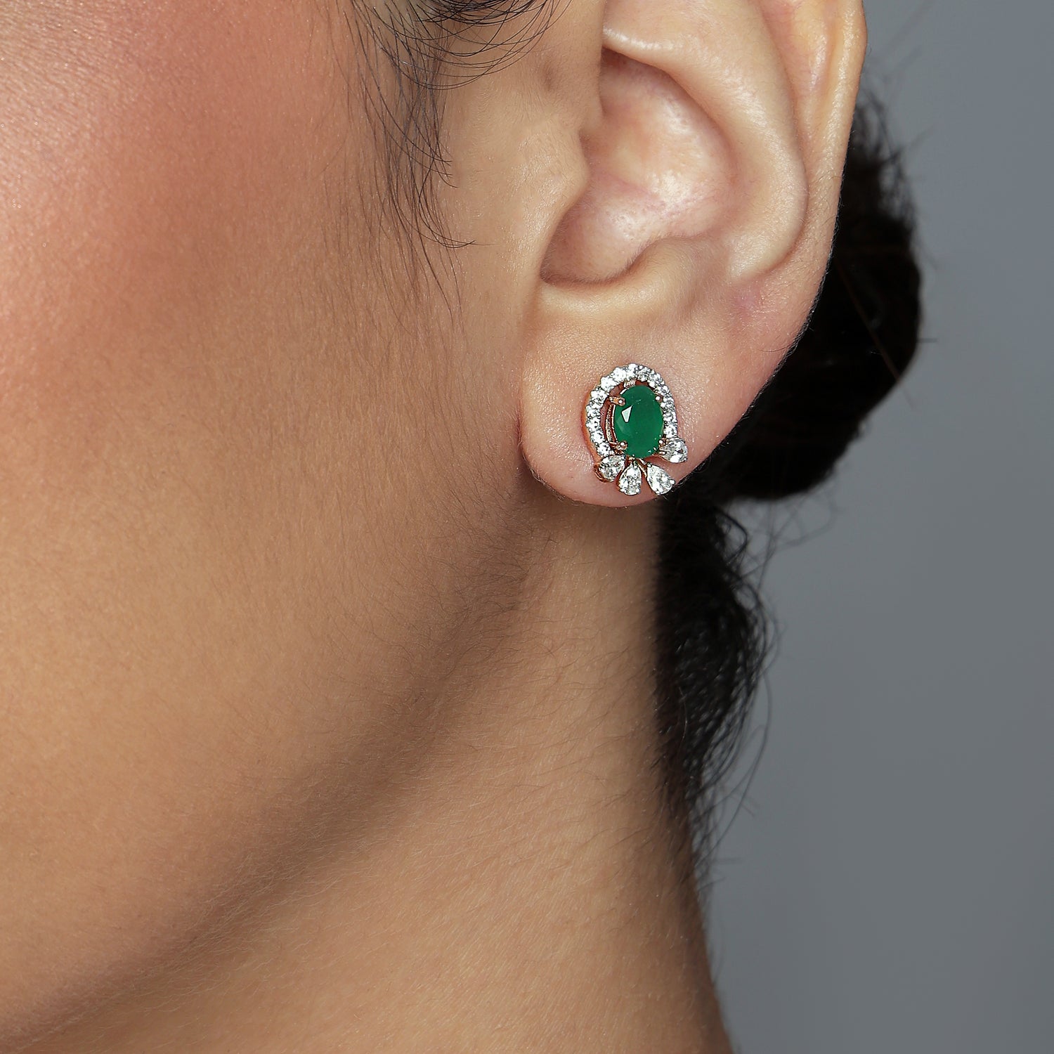 Classic Oval Halo Stud Earrings with Graceful Fan Accents