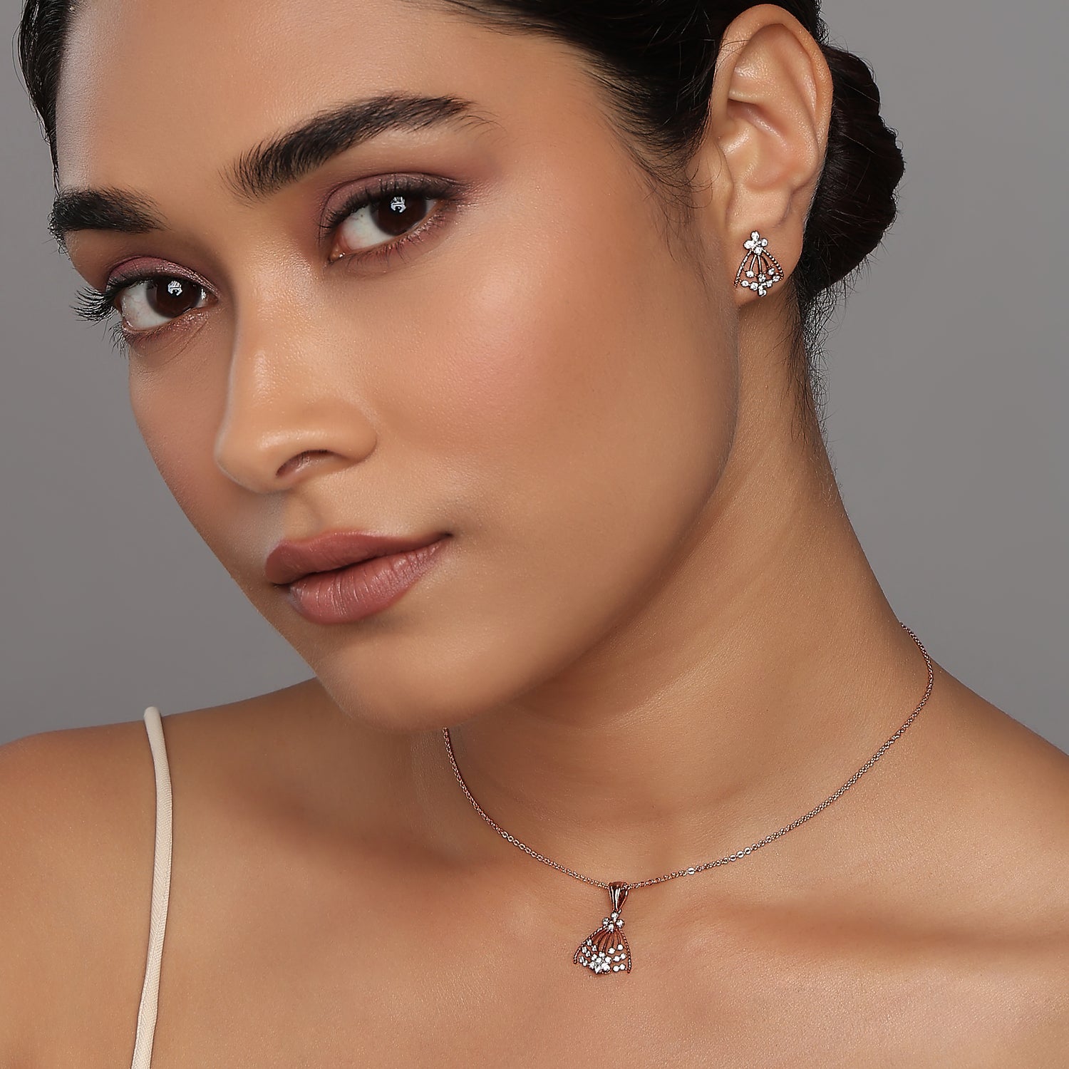 Whispering Floral Elegance Pendant and Matching Stud Earrings Set