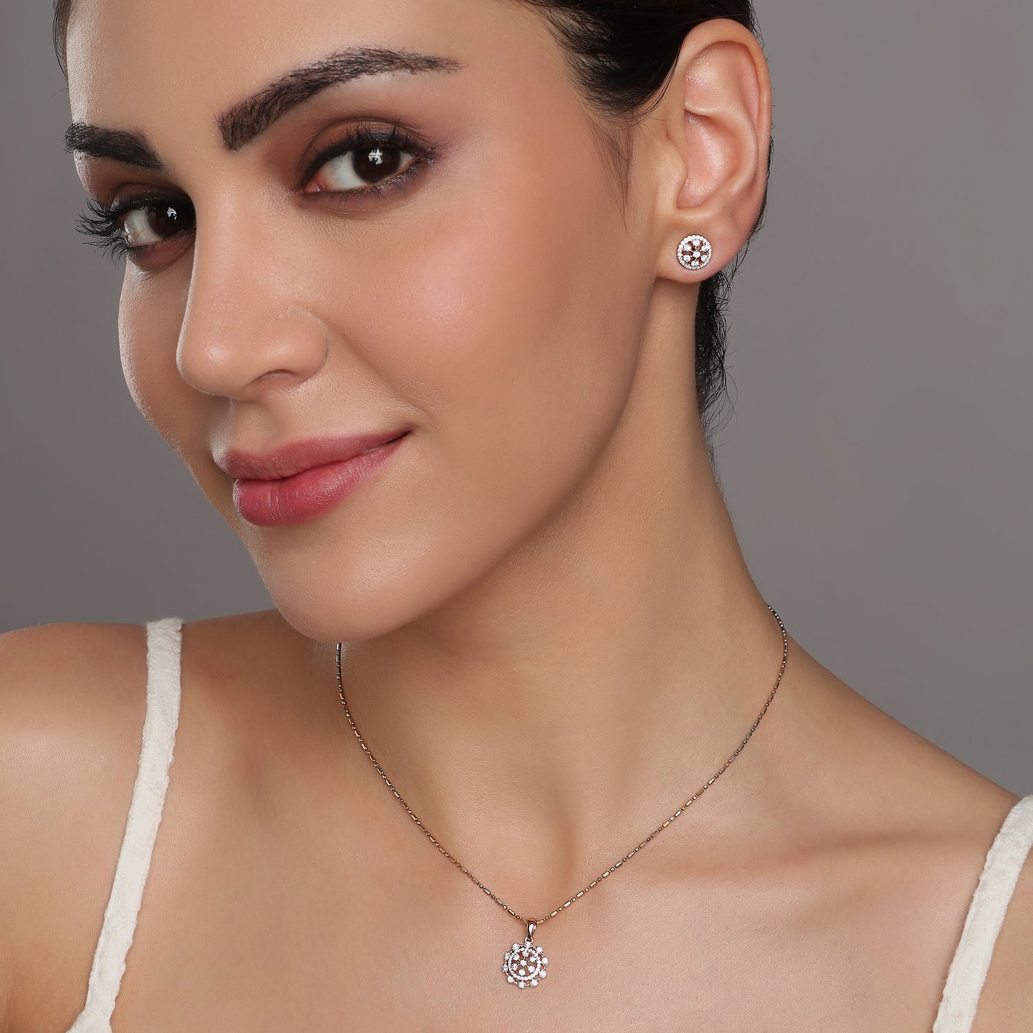 Radiant Floral Halo Pendant with Matching Stud Earrings Set