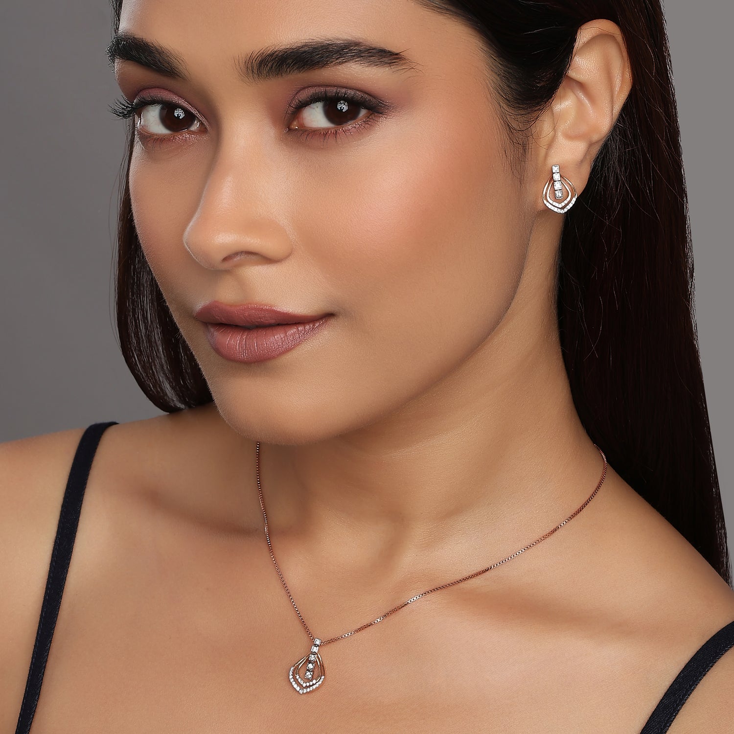 Elegant Two Tier Teardrop Pendant and Matching Stud Earring Set