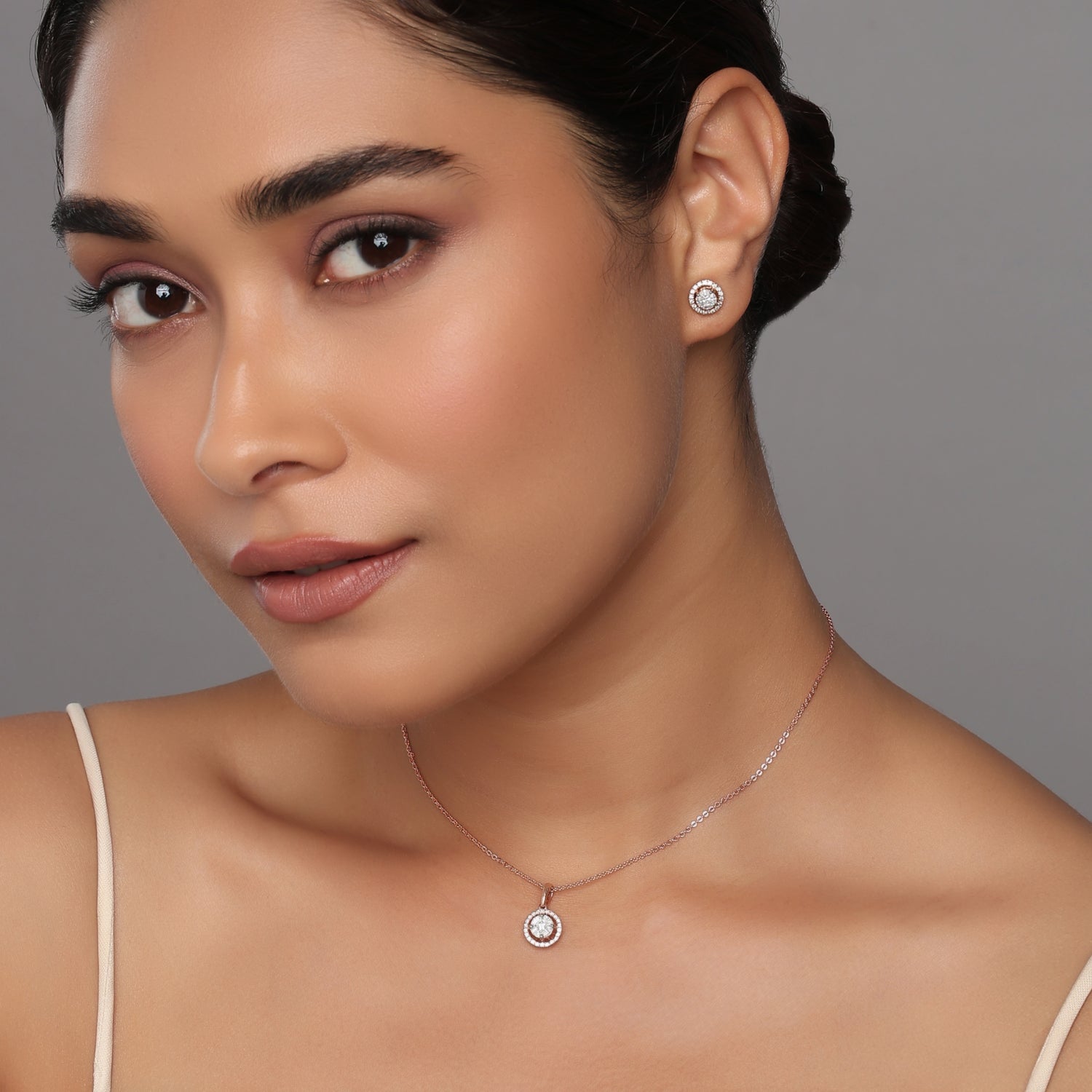 Radiant Circular Halo Pendant and Stud Earring Set