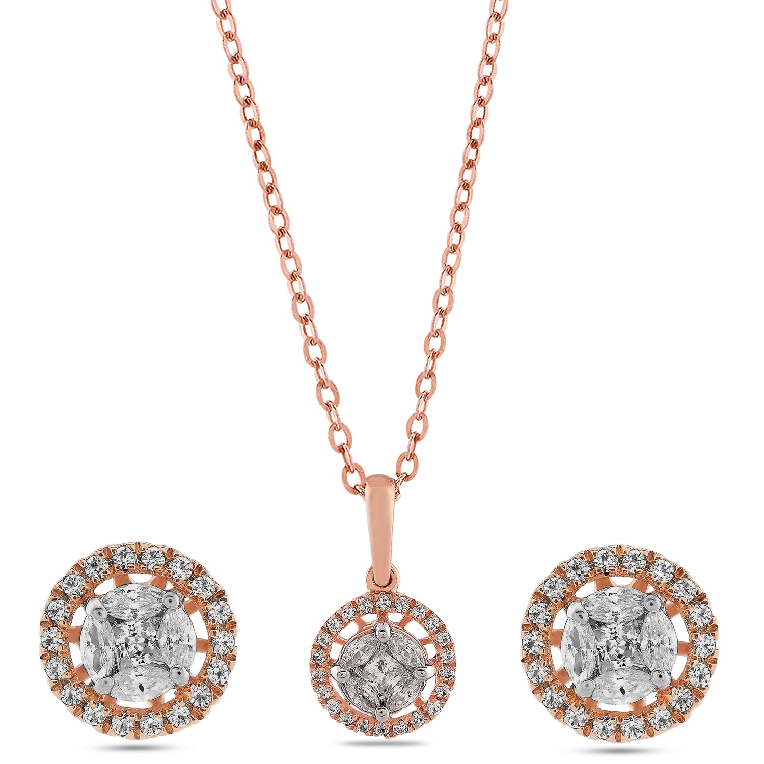 Radiant Circular Halo Pendant and Stud Earring Set