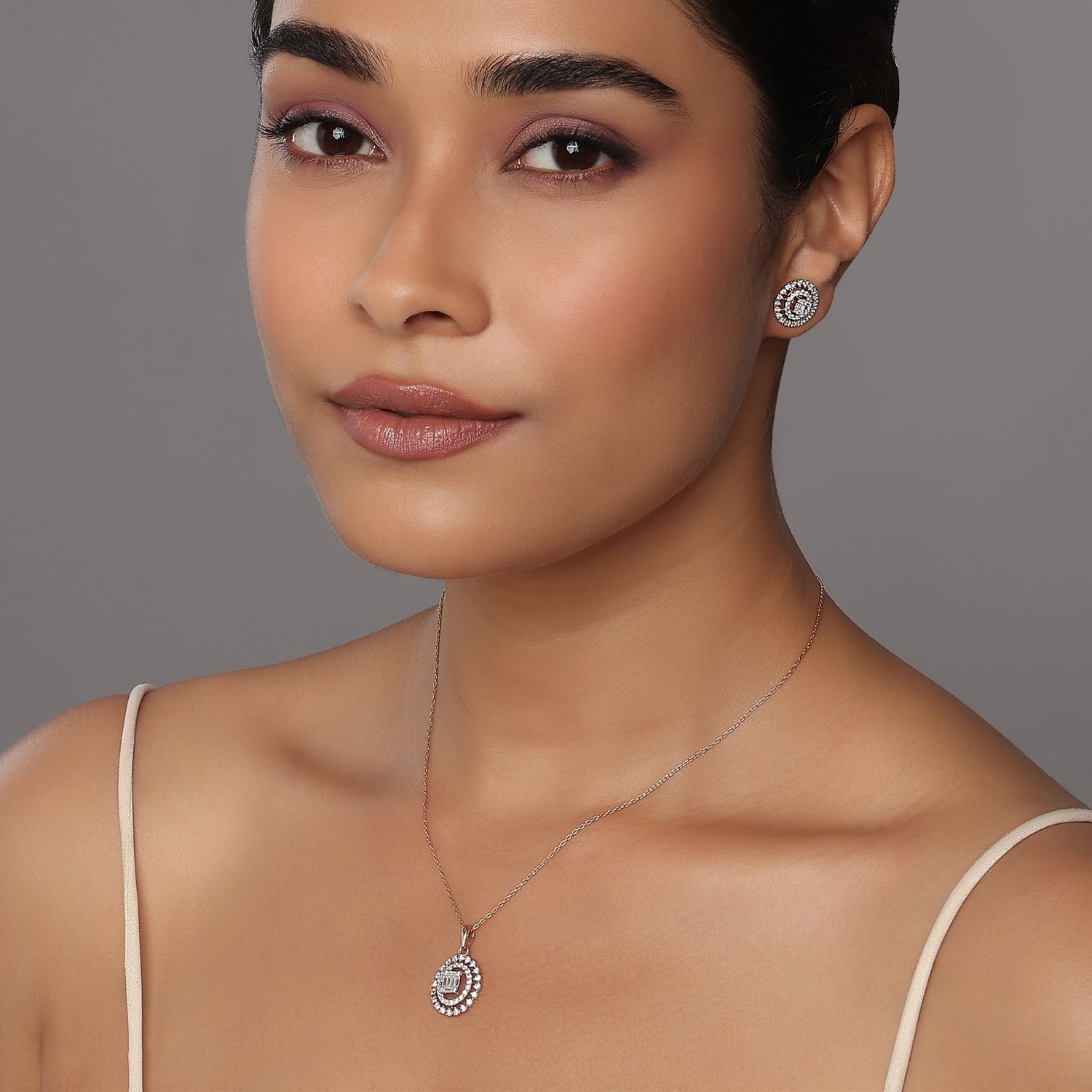 Elegant Radiance Circular Halo Pendant and Matching Stud Earring Set