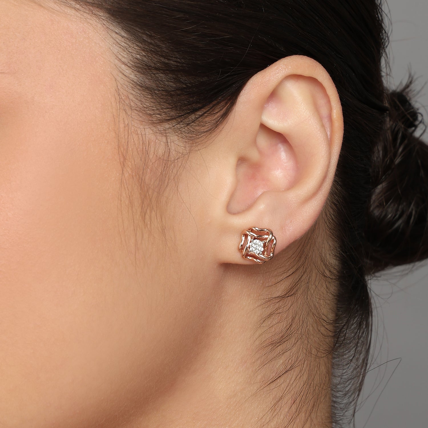 Woven Harmony Stud Earrings with Sculpted Square Center