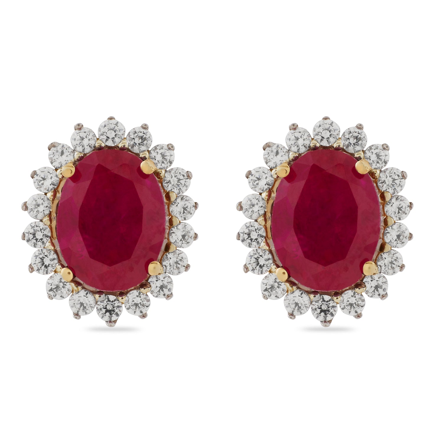Exquisite Oval Crimson Stone Stud Earrings with Radiant Floral Halo