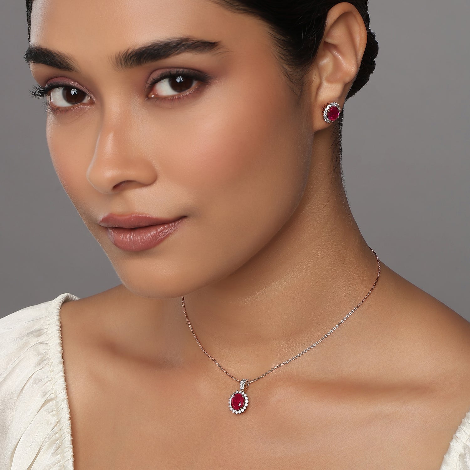 Radiant Oval Halo Pendant and Stud Earring Set for Women