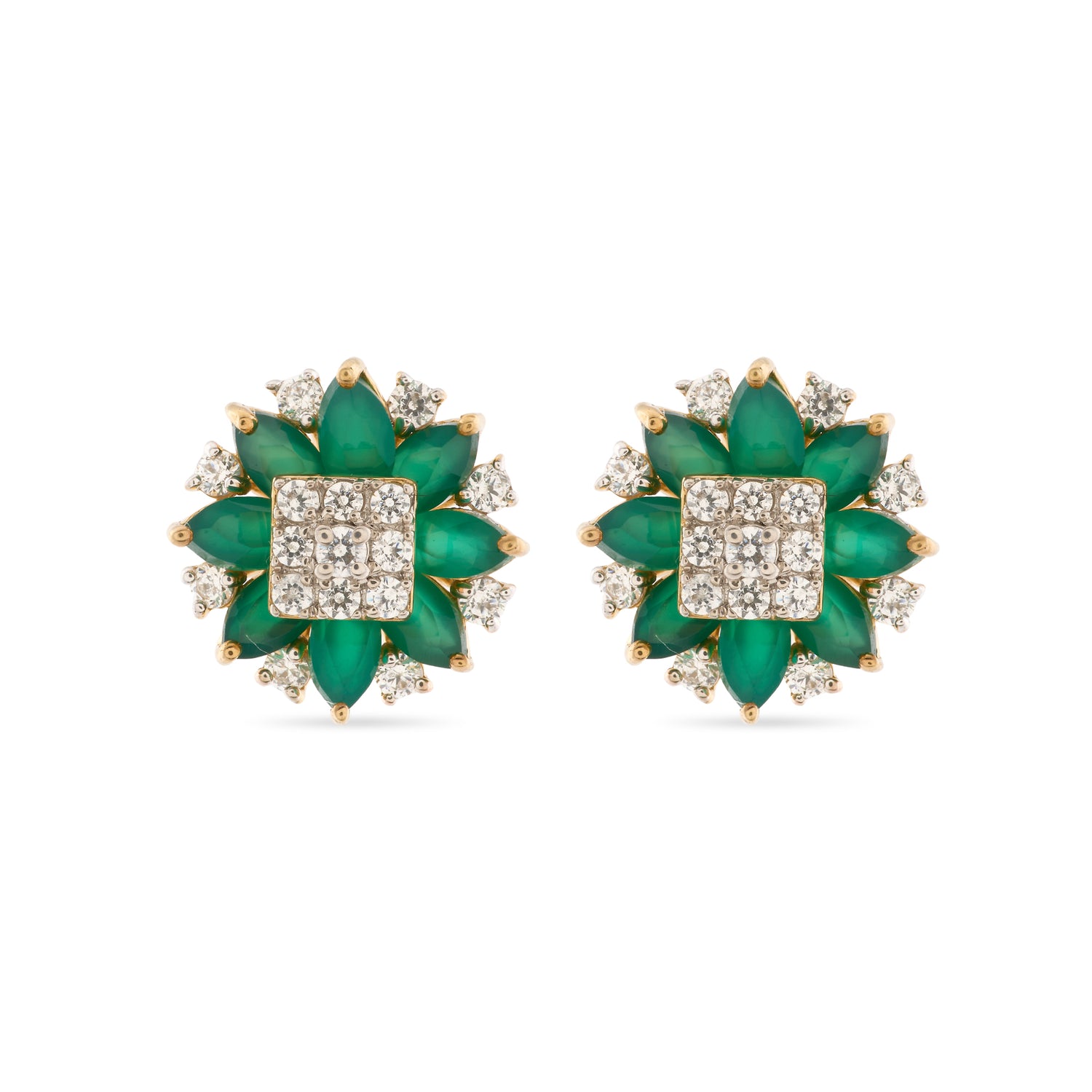 Regal Floral Cluster Stud Earrings with Radiant Square Center