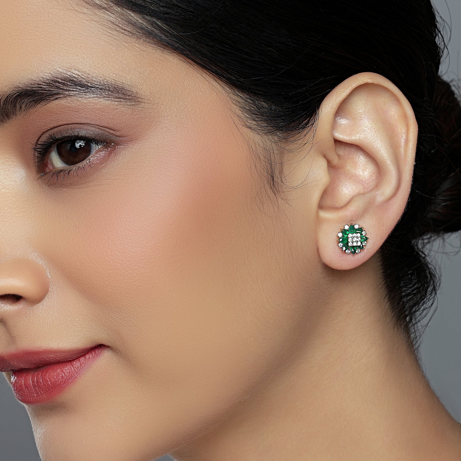 Regal Floral Cluster Stud Earrings with Radiant Square Center