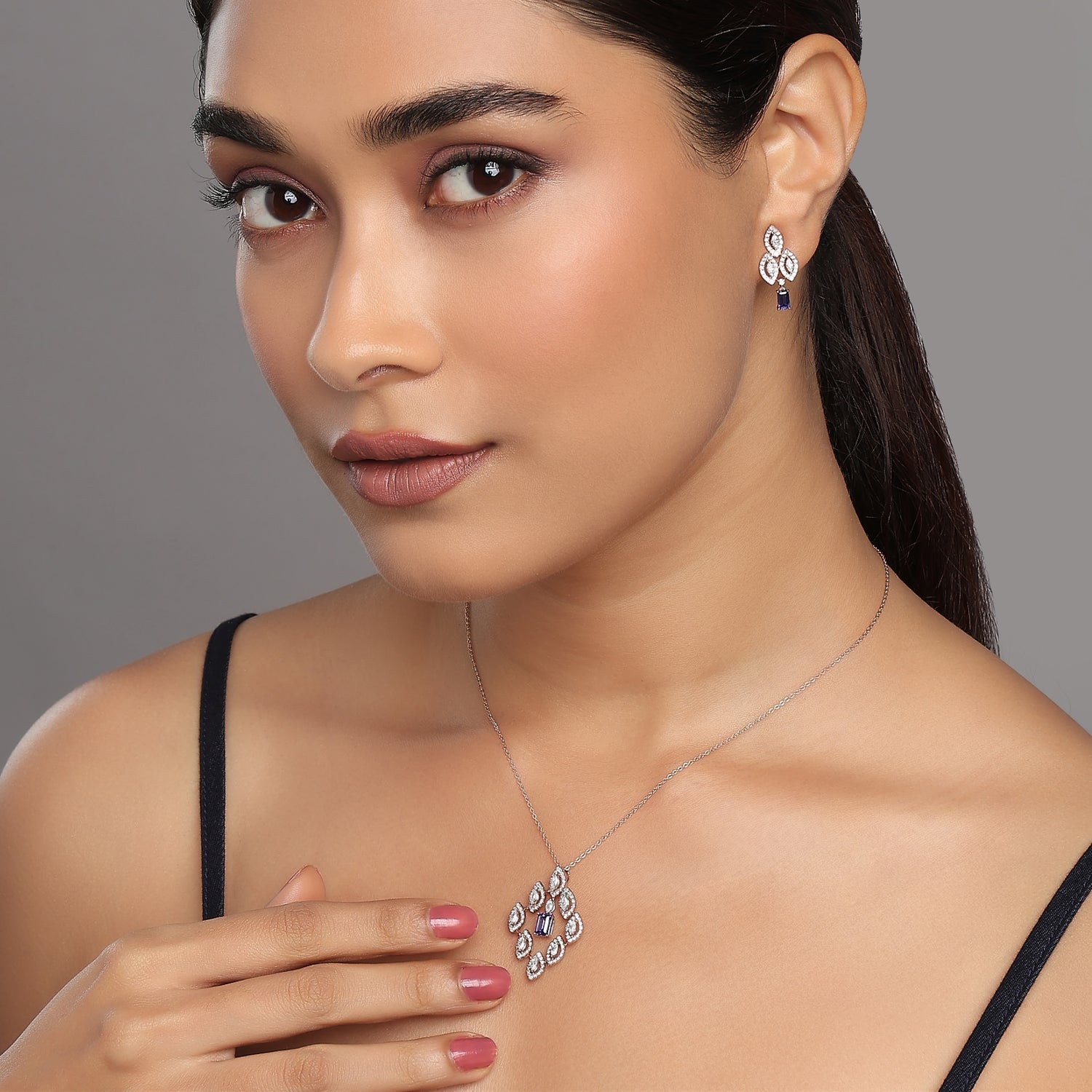 Exquisite Marquise Halo Pendant and Matching Drop Earring Jewelry Set
