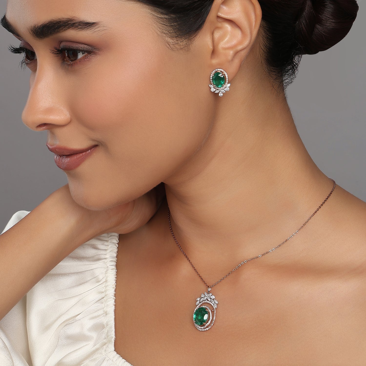 Ethereal Forest Green Oval Halo Pendant and Matching Stud Earrings Set