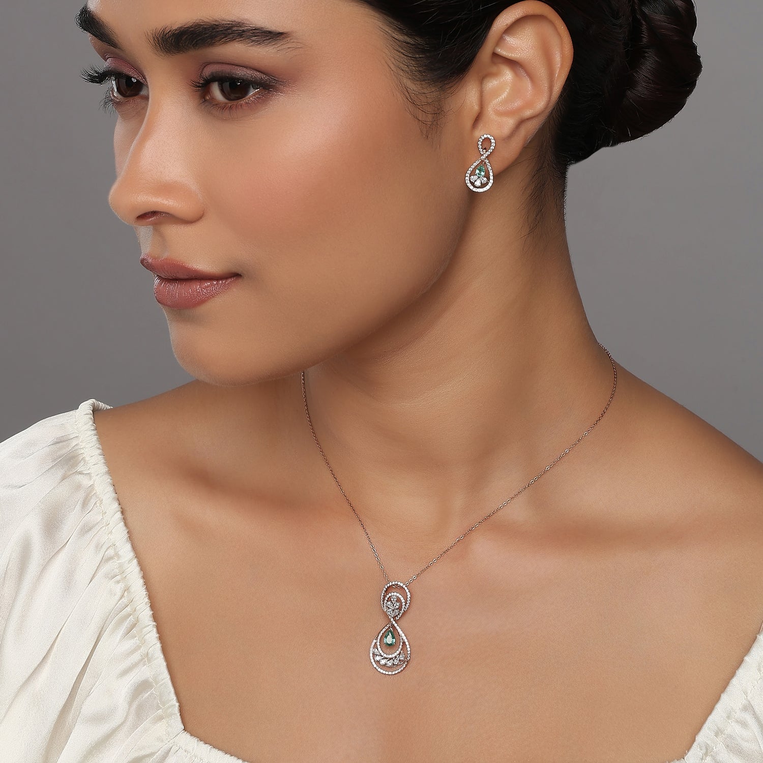 Majestic Infinity Halo Pendant and Teardrop Drop Earring Jewelry Set