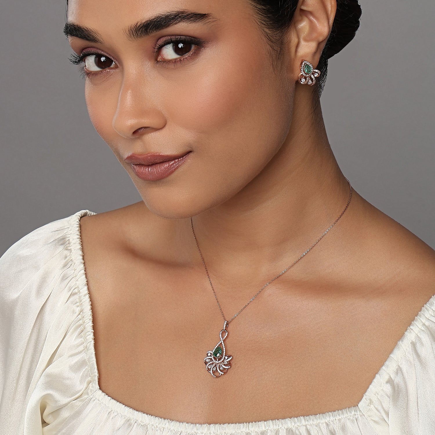 Enchanting Pear Cut Floral Pendant and Matching Stud Earring Set