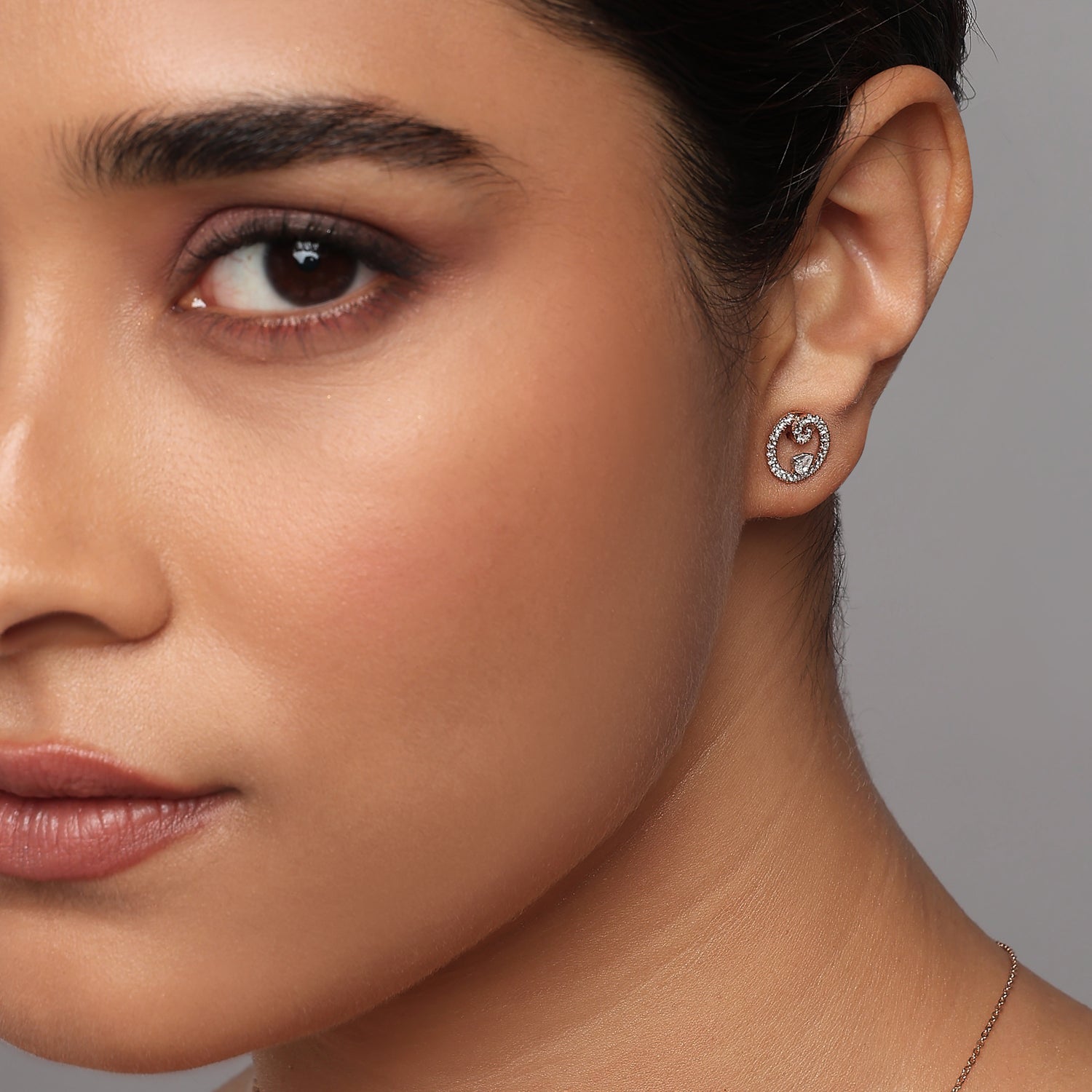 Romantic Crescent Halo Stud Earrings with Pear Accent Drop