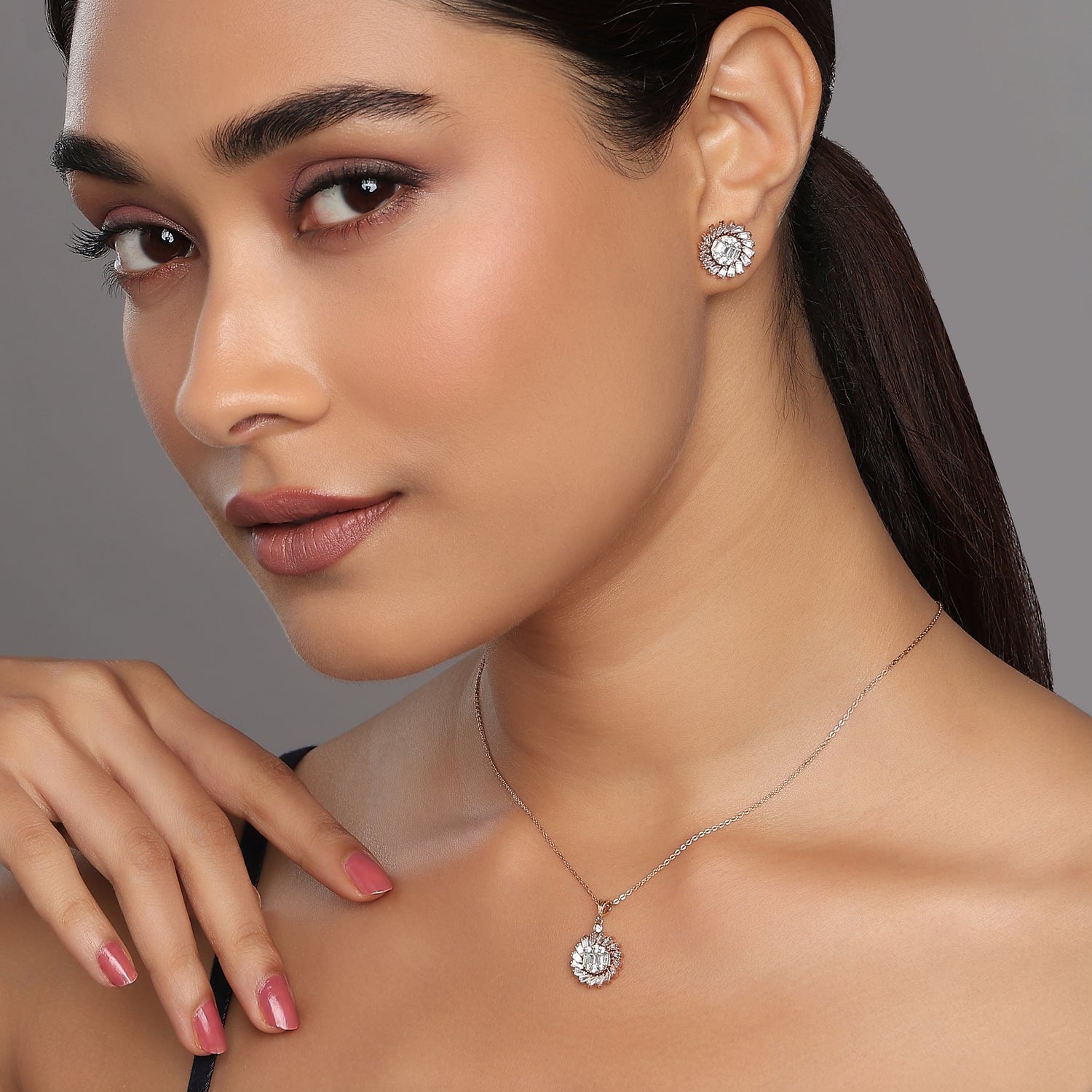 Luminous Eternal Bloom Floral Pendant and Matching Stud Earring Set
