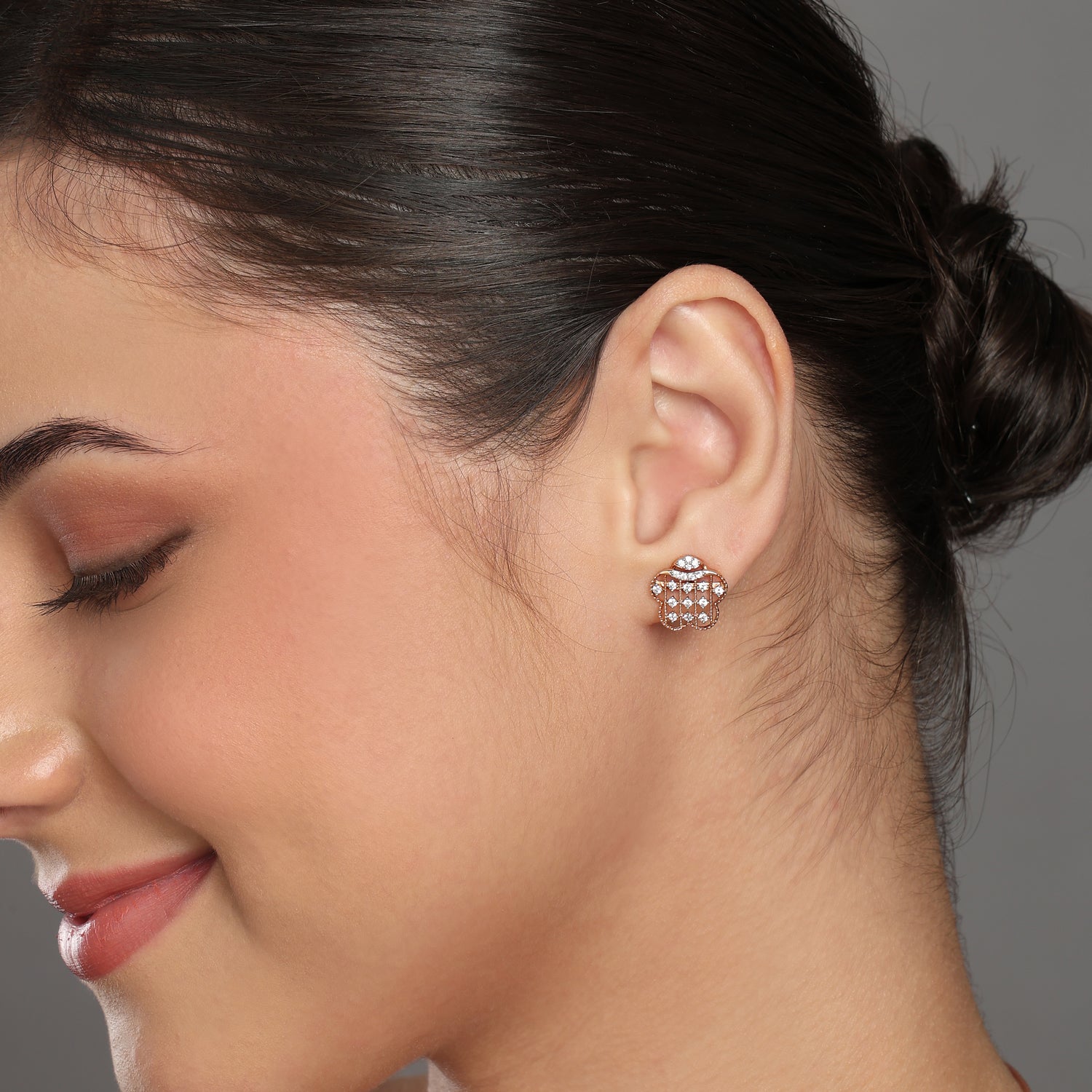 Celestial Lattice Stud Earrings with Sacred Hand Motif