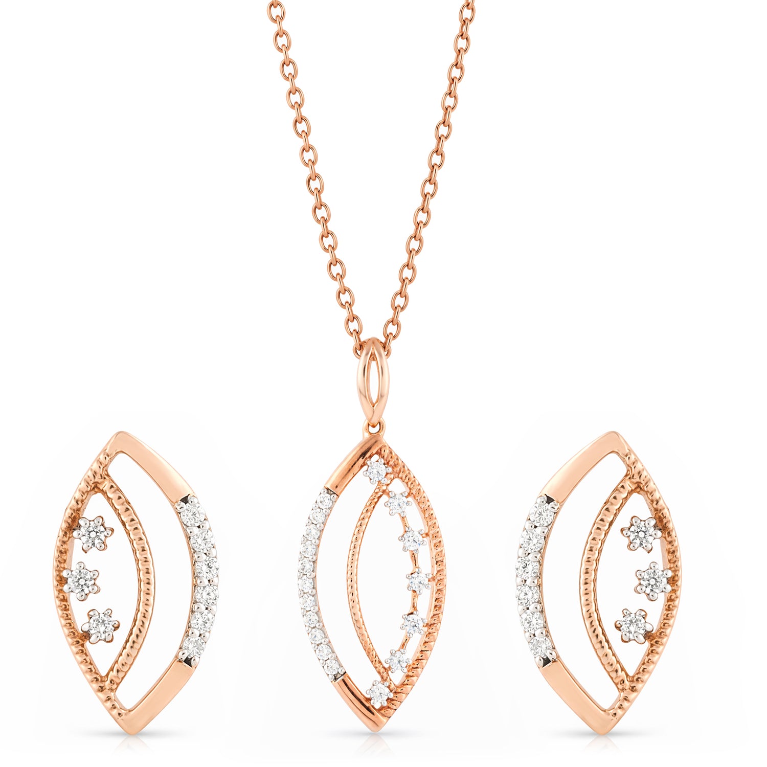 Radiant Marquise Leaf Motif Pendant and Coordinated Stud Earring Set