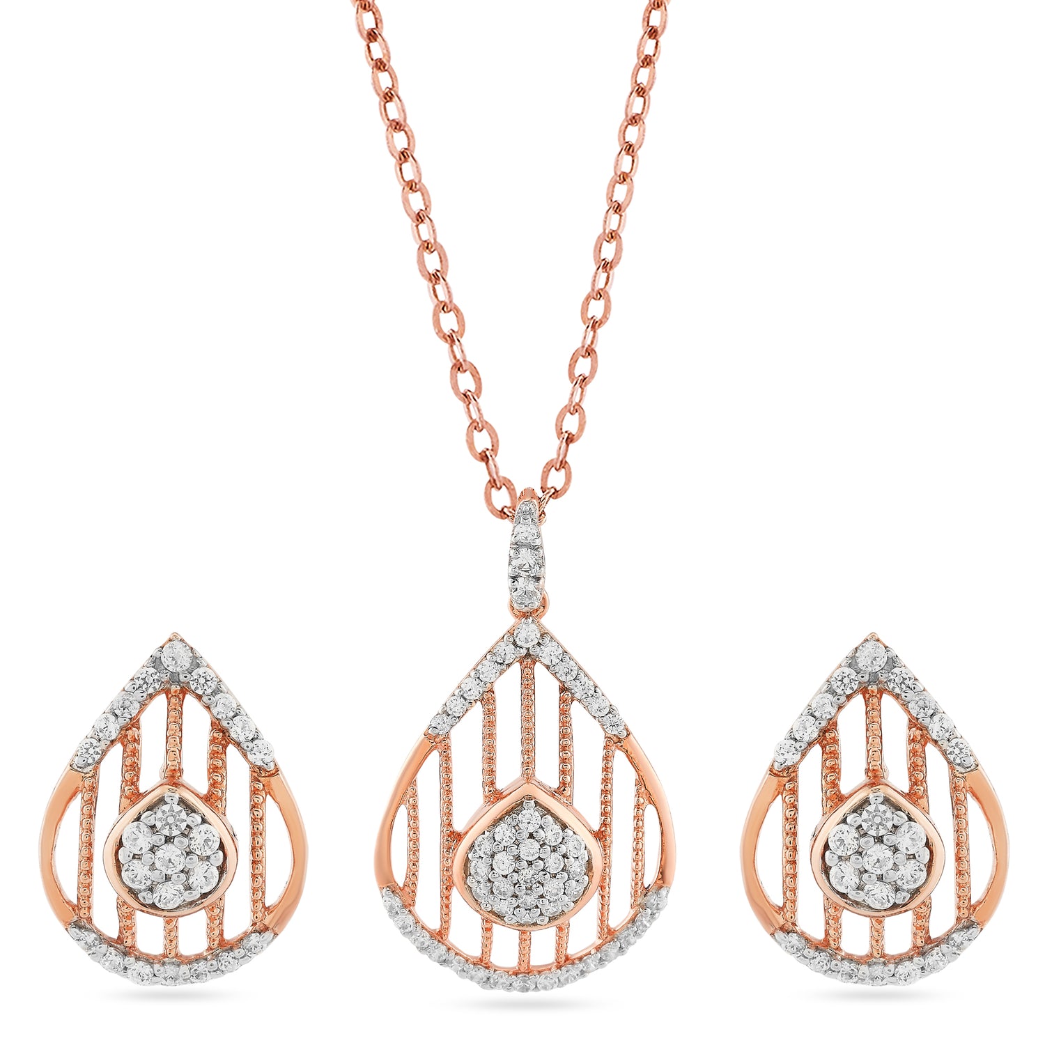 Exquisite Glistening Teardrop Filigree Pendant and Matching Stud Earrings Set