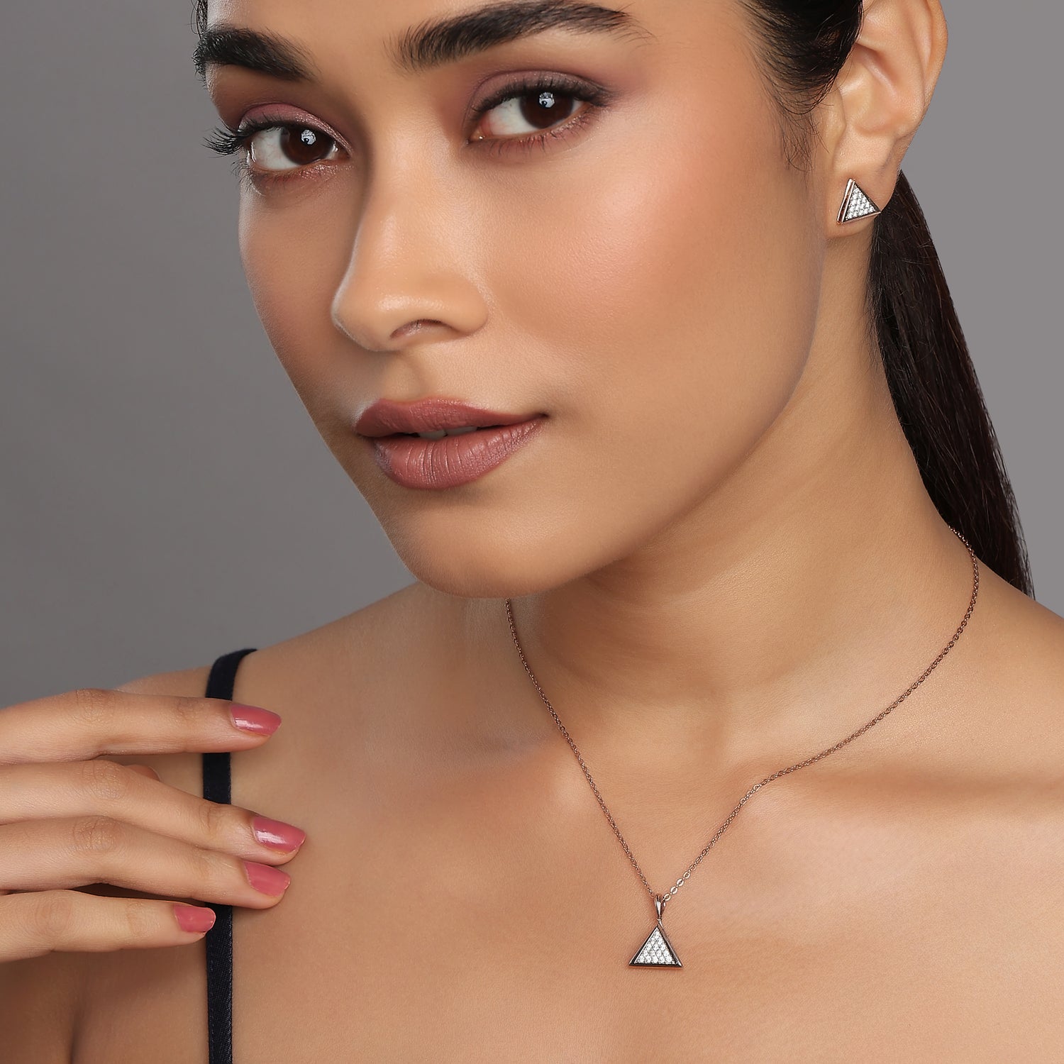 Graceful Geometric Radiance Triangle Pendant and Matching Stud Earring Set