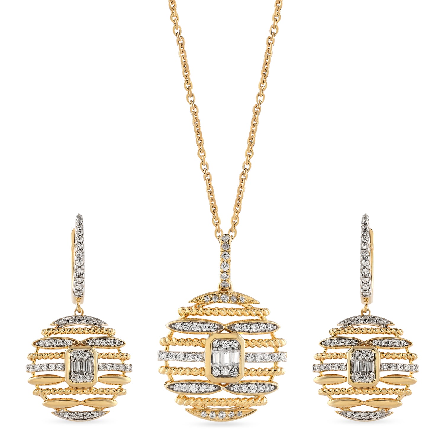 Radiant Celestial Symphony Pendant and Drop Earring Set in an Ornate Geometric Web Design