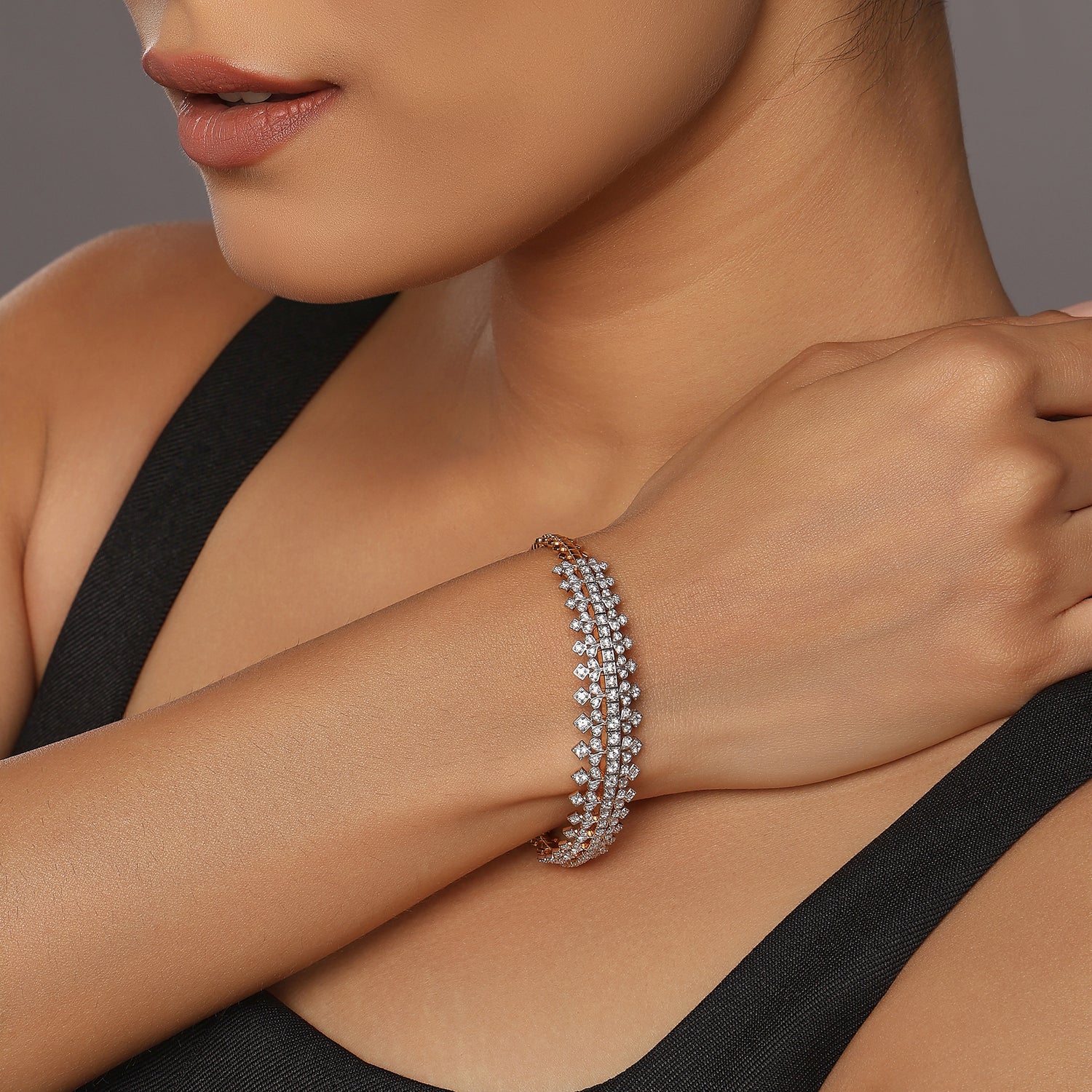 Luxurious Dual-Row Lattice Bangle with Sparkling Stone Accents