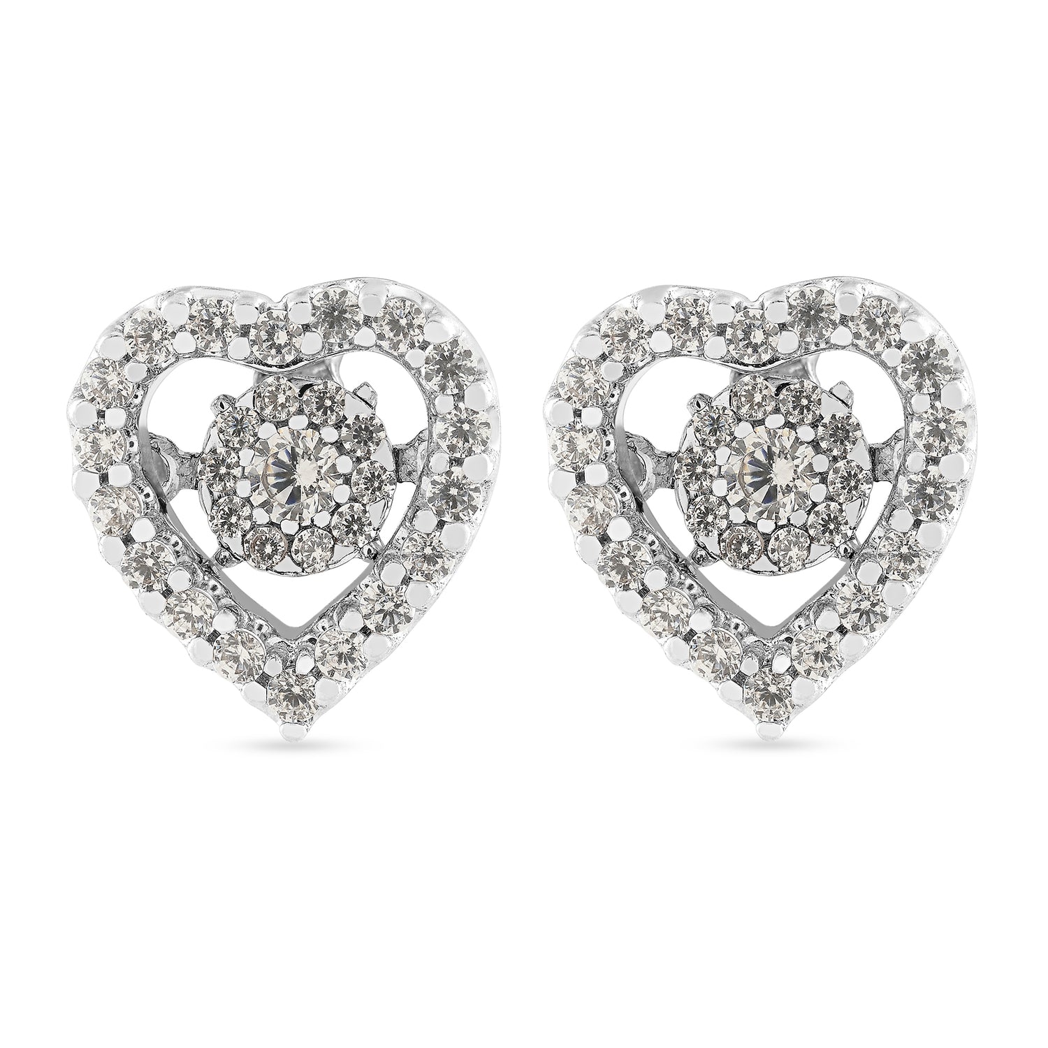 Heart Stud Earrings with Sparkling Halo Design