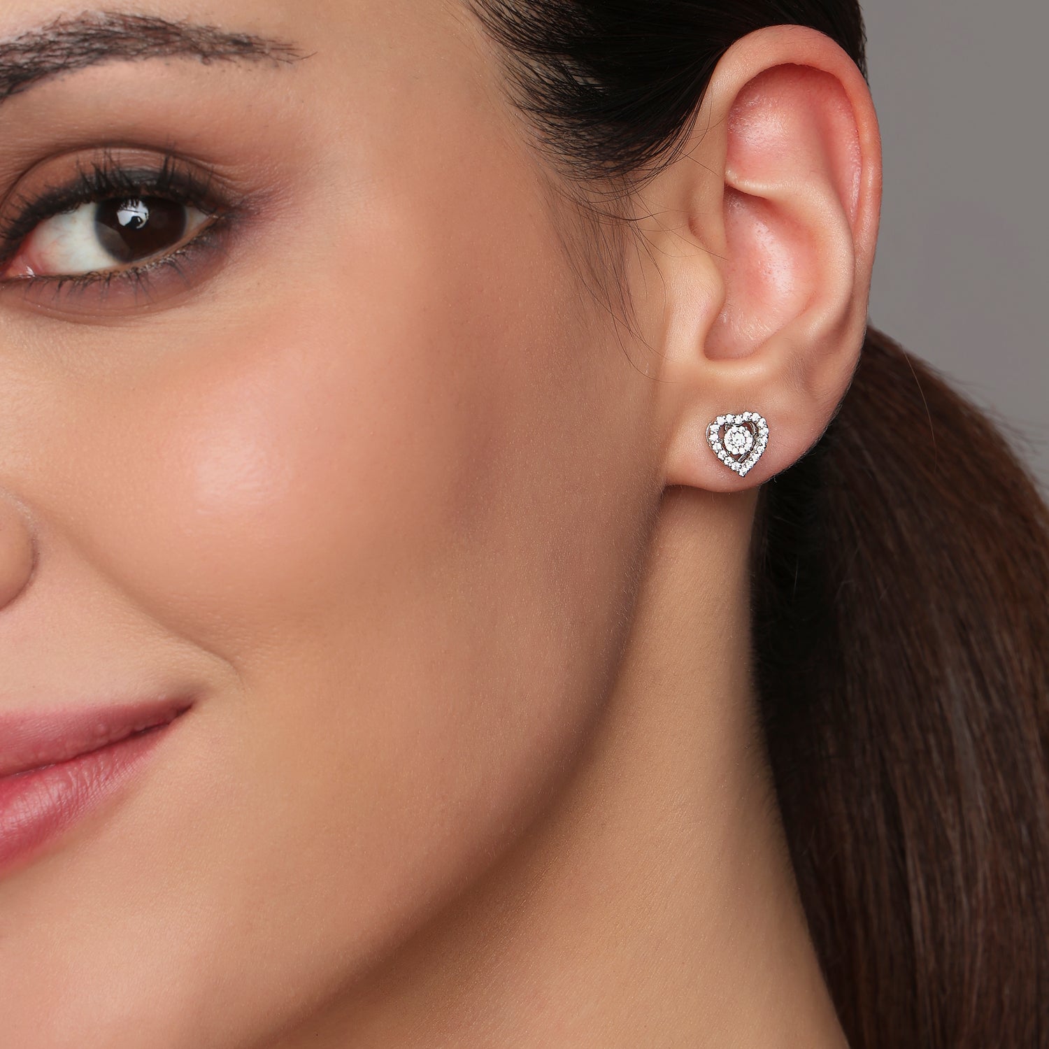 Heart Stud Earrings with Sparkling Halo Design