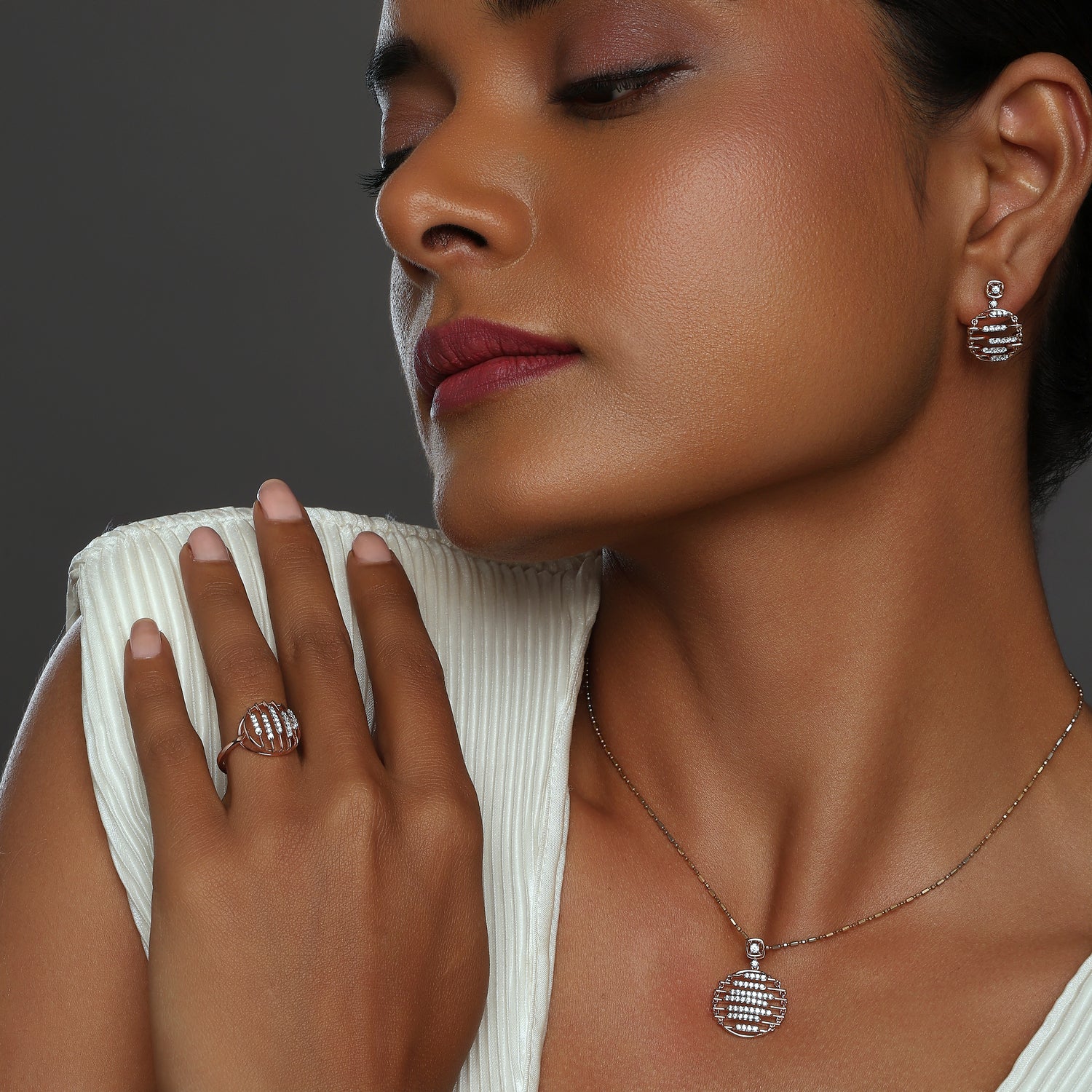 Contemporary Layered Disc Necklace and Earring Set with Sculpted Lines