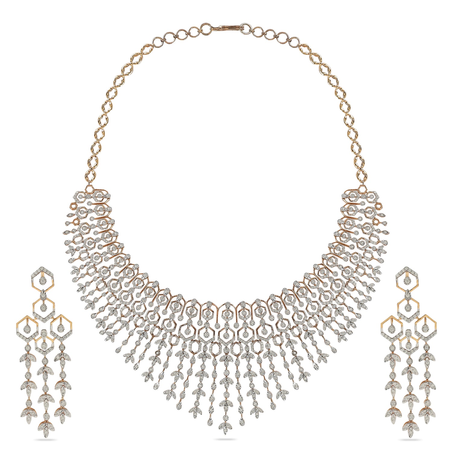 Radiant Geometric Grandeur Floral Cascade Necklace and Chandelier Earring Set
