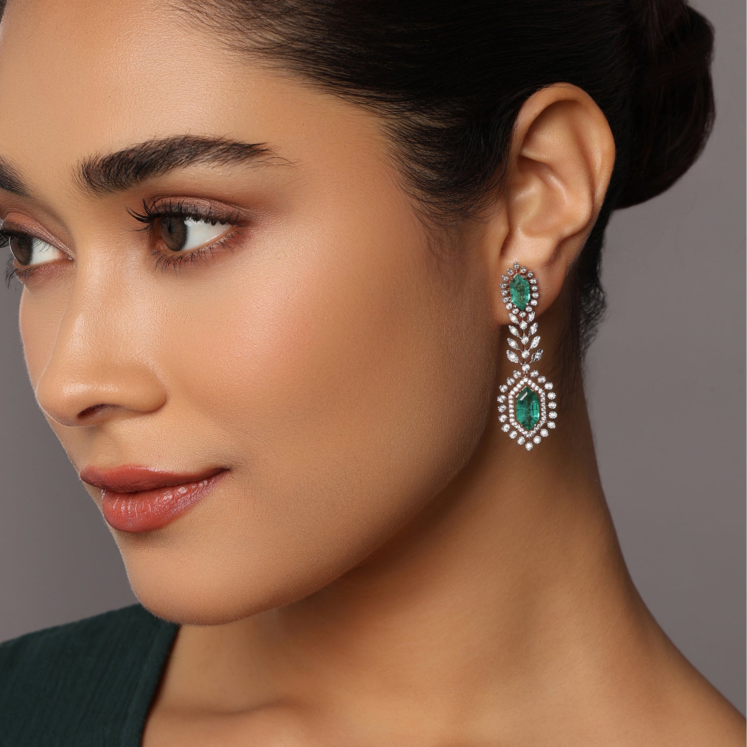 Leaf Motif Drop Earrings with Elongated Geometric Design