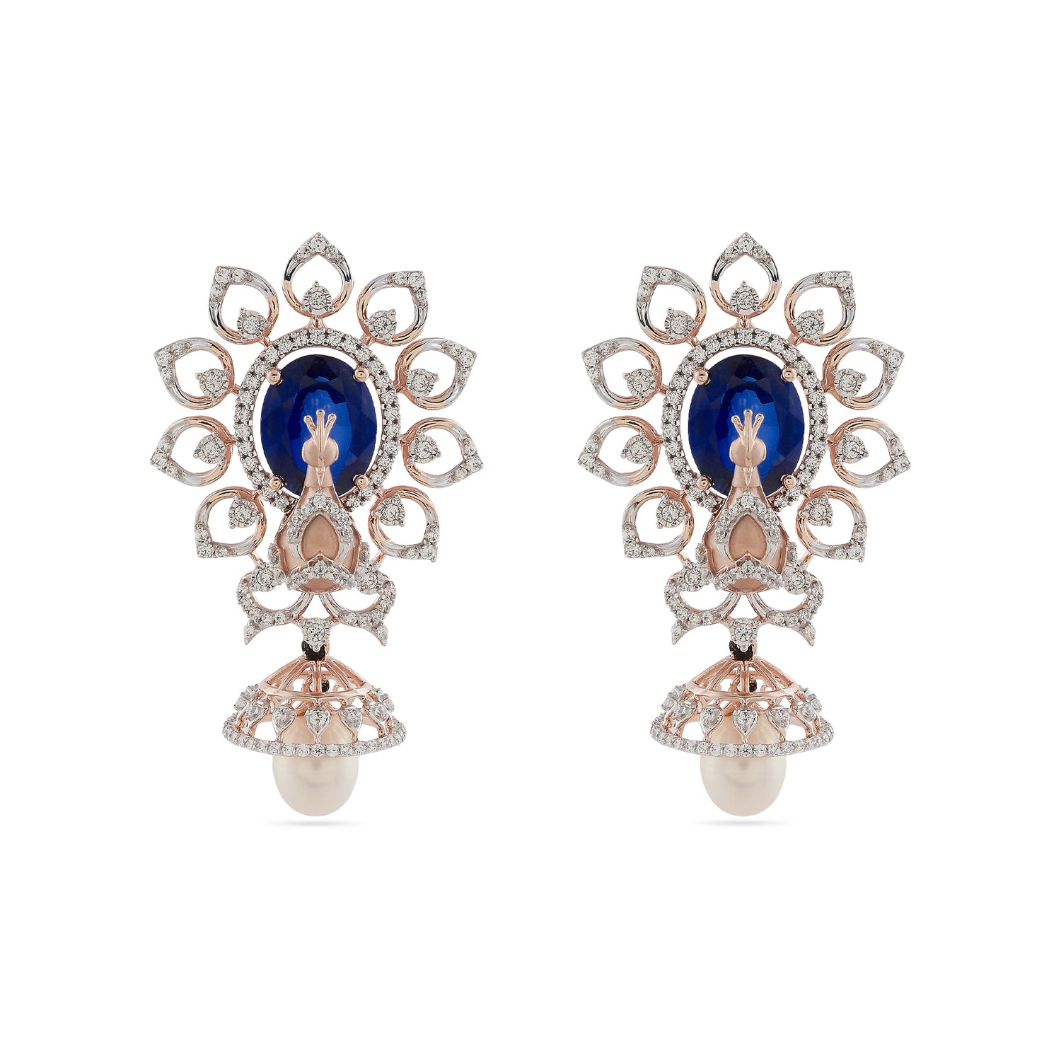 Royal Peacock-Inspired Drop Earrings with Pearl Accent and Filigree Detail