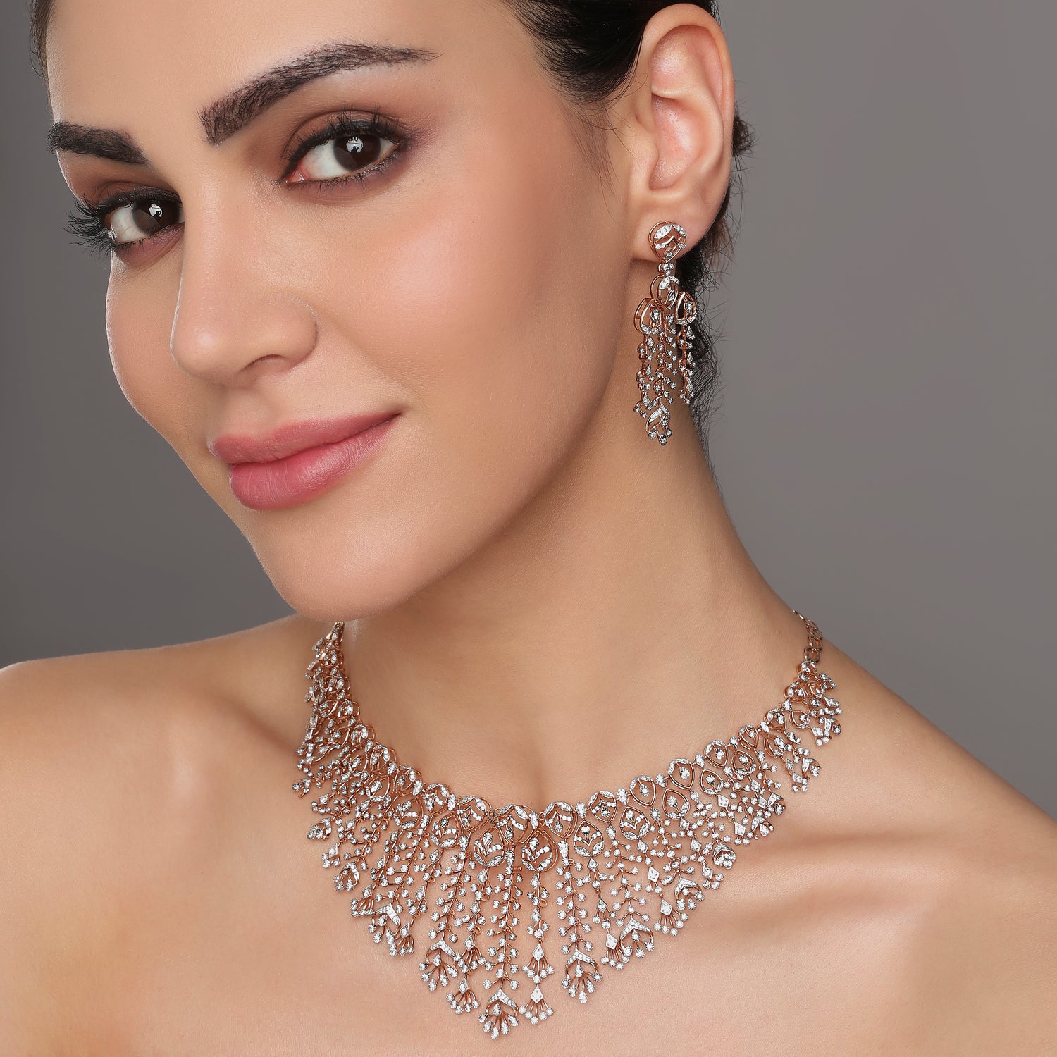 Ethereal Midnight Bloom Grand Floral Necklace and Cascading Chandelier Earring Set