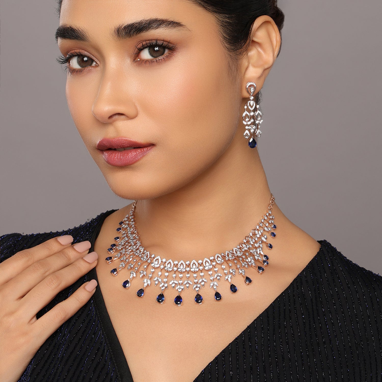 Moonlit Cascade Necklace And Chandelier Earrings Statement Set