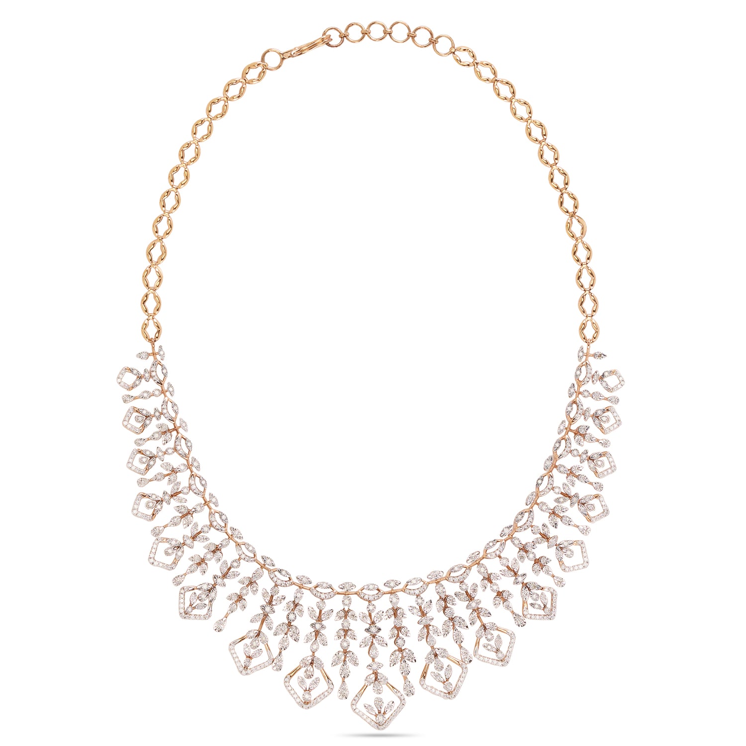 Layered Necklace with Diamond-Shaped Motifs and Intricate Design