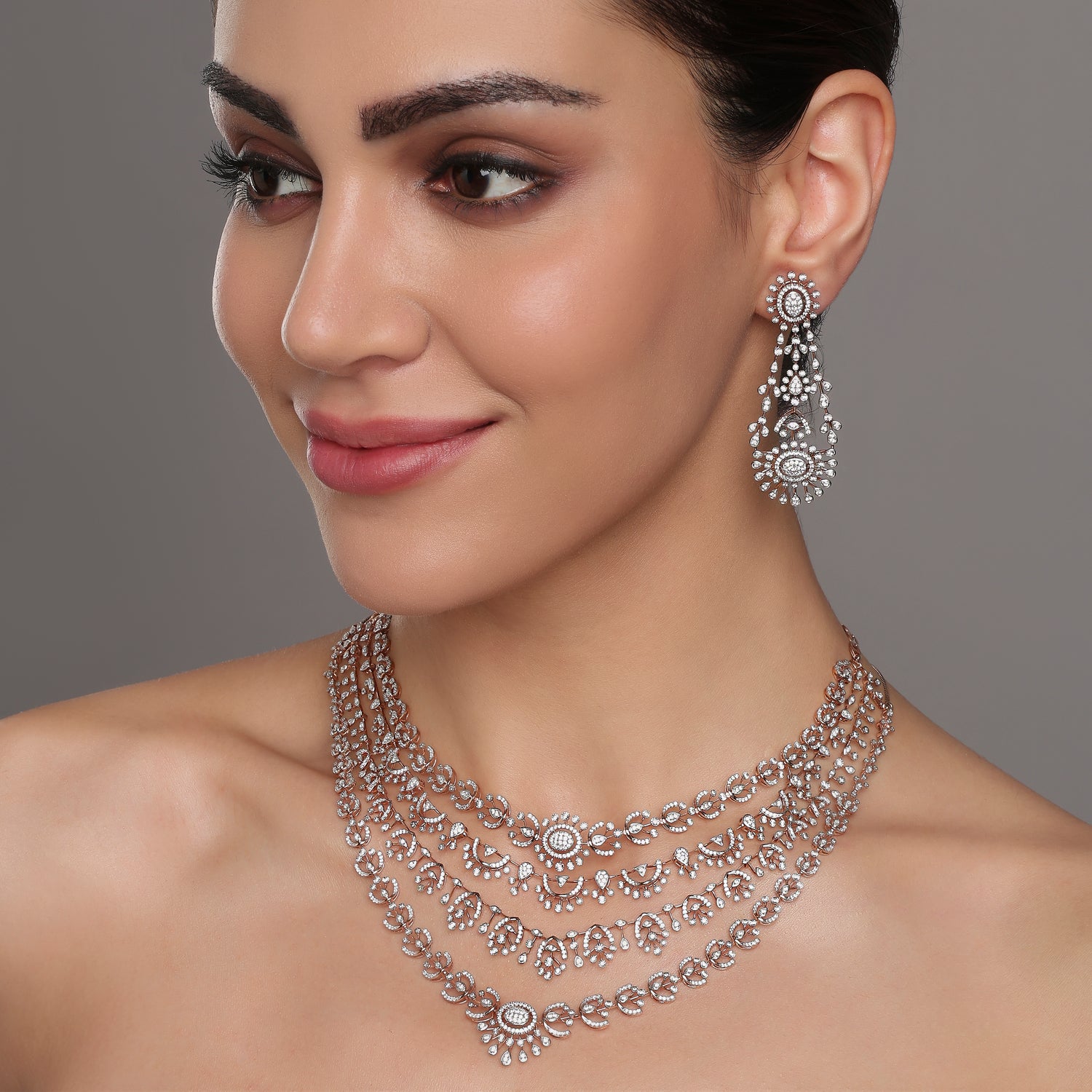 Eternal Moonlight Splendor Multi-Layered Grand Necklace and Chandelier Earring Set
