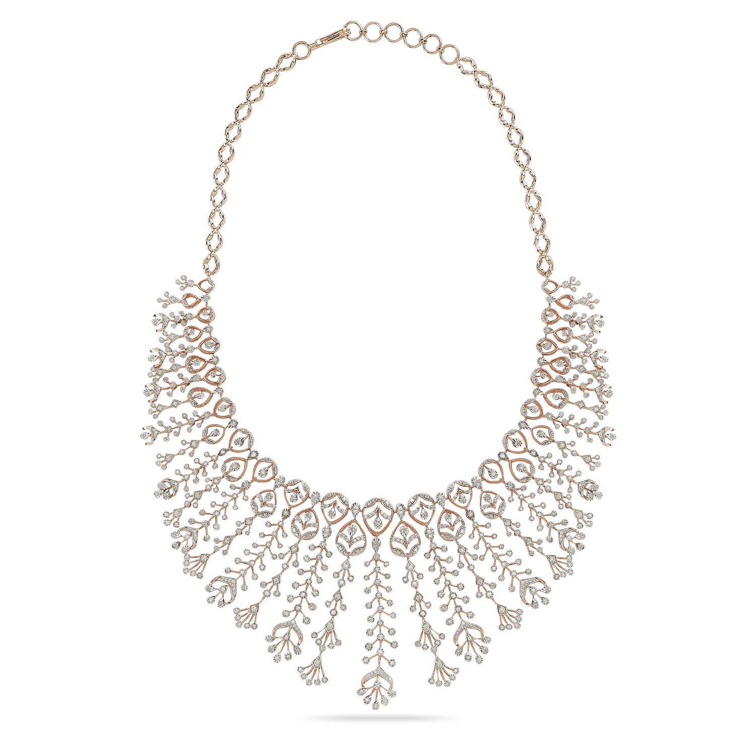Ethereal Cascading Leaf Motif Statement Necklace With Articulated Fringe