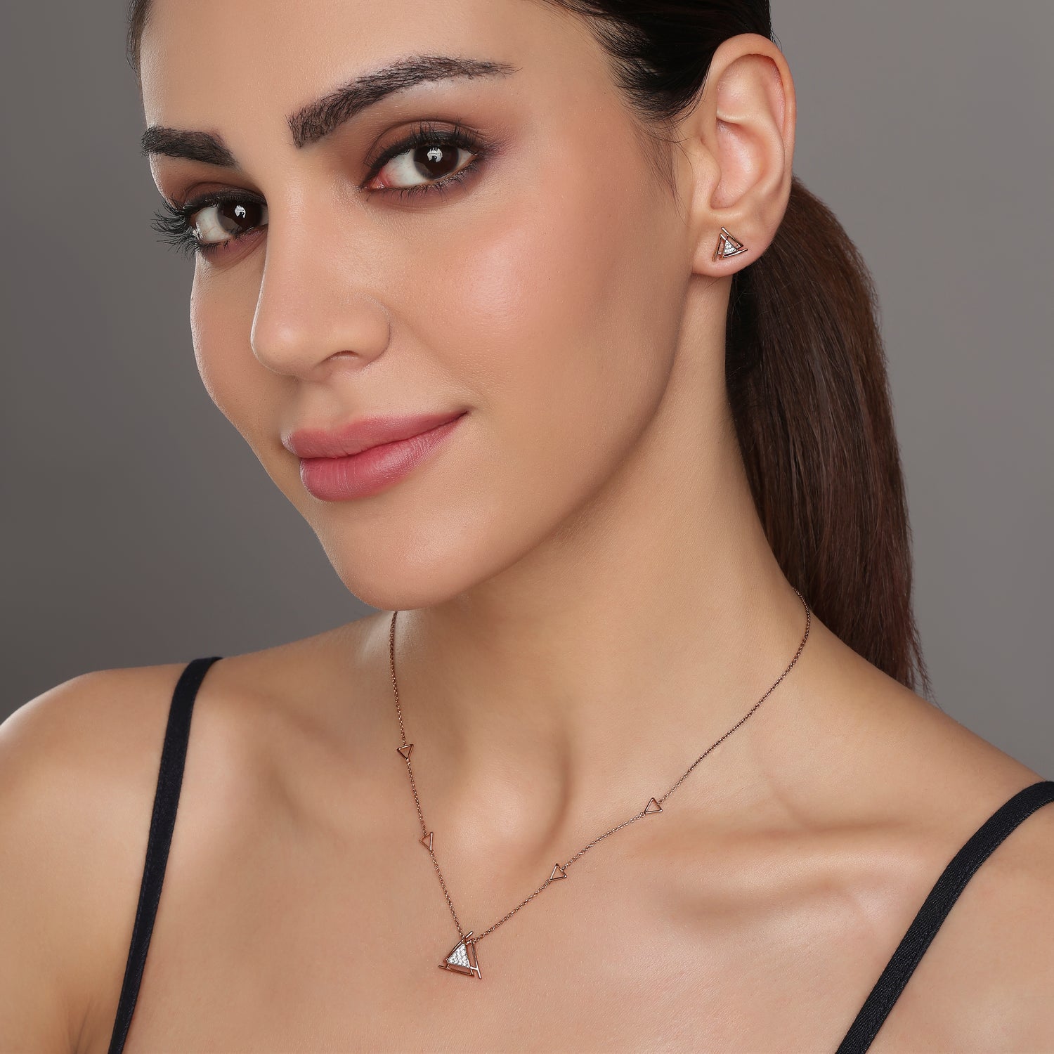 Modern Geometric Triangular Silhouette Pendant and Earring Jewelry Set
