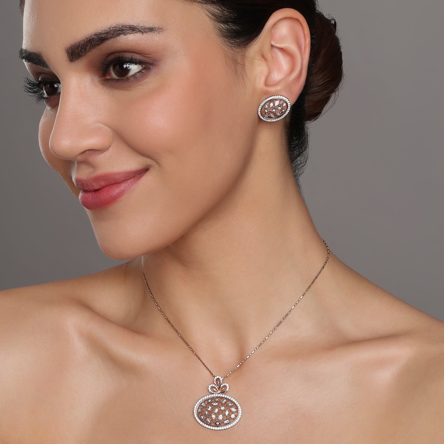 Ethereal Lace Oval Floral Pendant and Matching Stud Earring Set