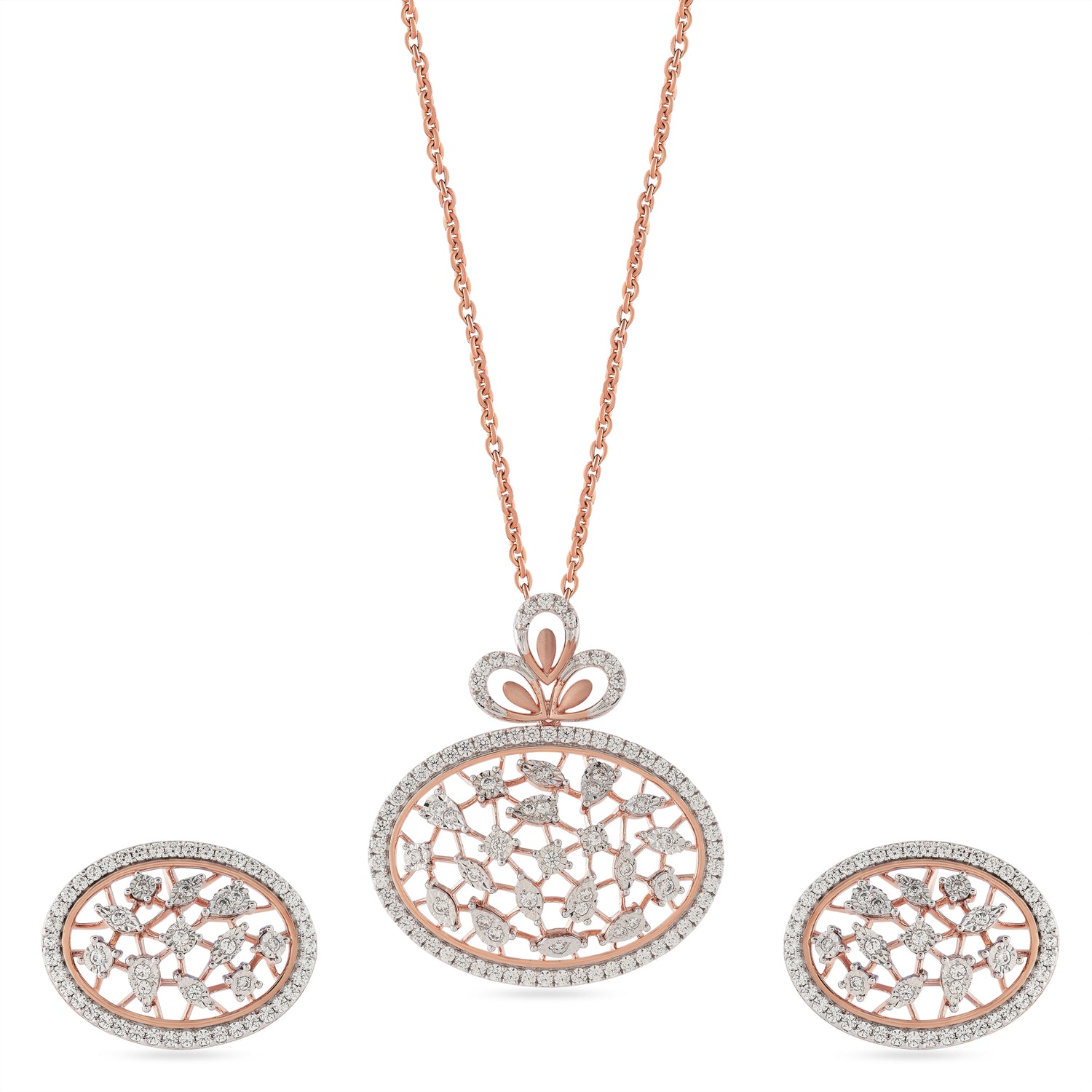 Ethereal Lace Oval Floral Pendant and Matching Stud Earring Set