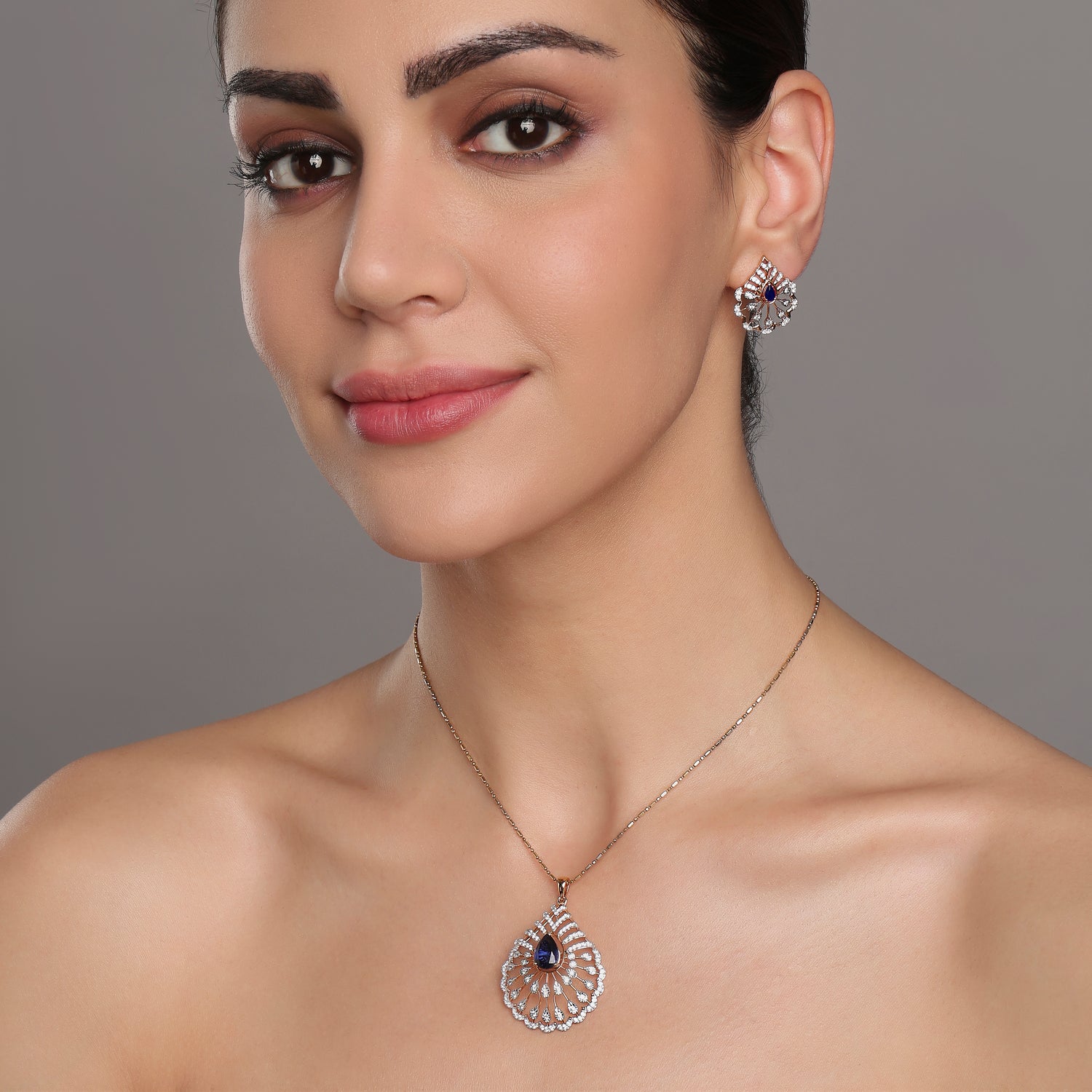 Regal Teardrop Halo Filigree Pendant and Elegant Matching Earring Set