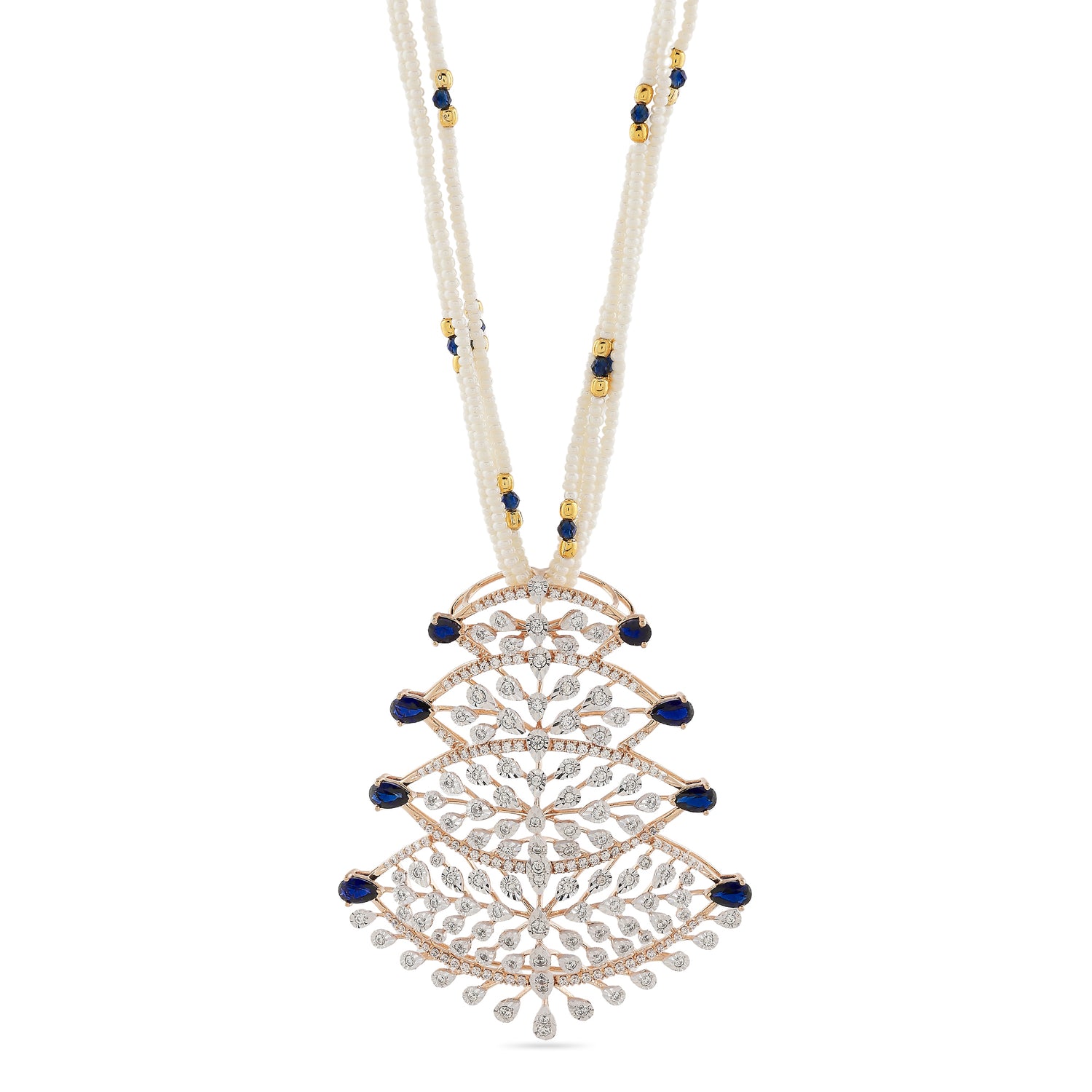 Cascading Fan-Inspired Pendant with Layered Filigree and Gem Accents