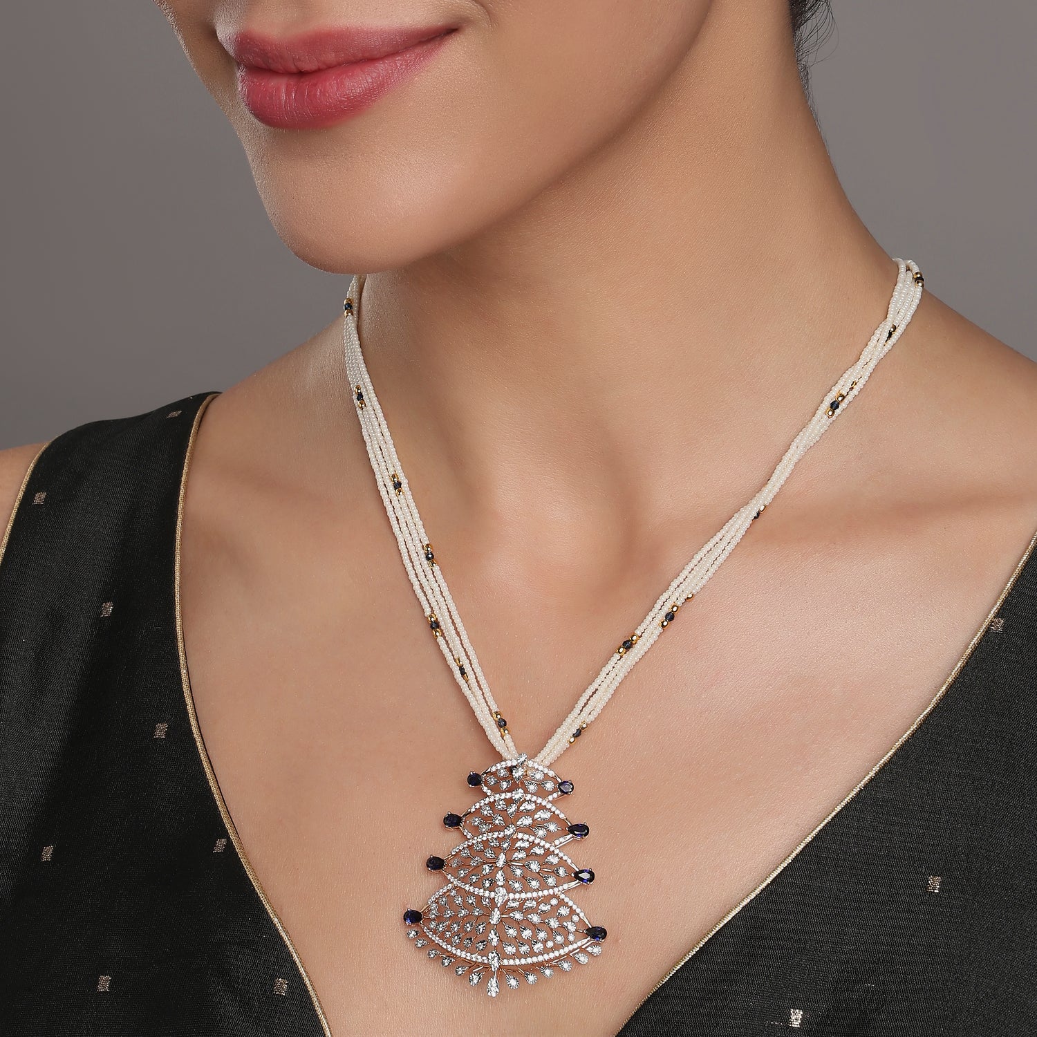 Cascading Fan-Inspired Pendant with Layered Filigree and Gem Accents