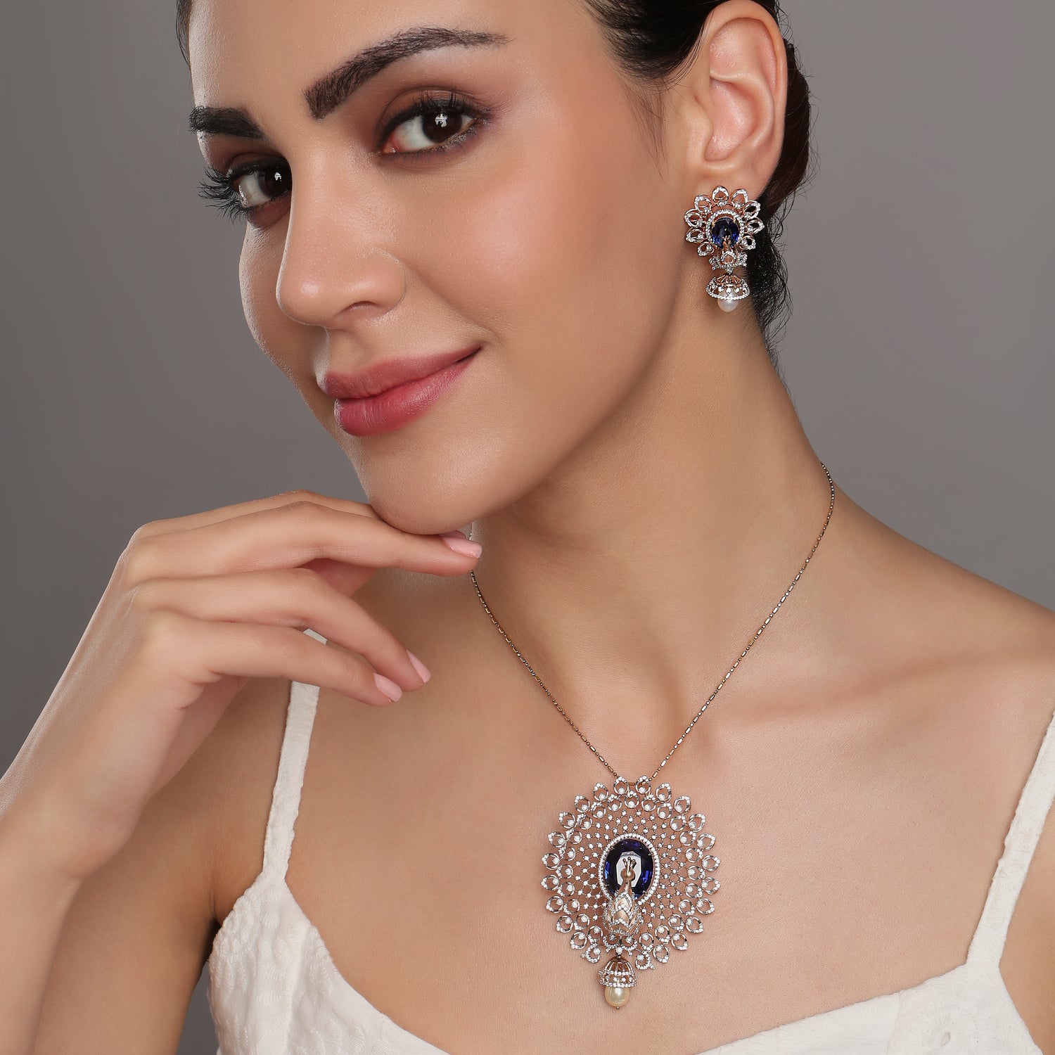 Exquisite Royal Peacock Inspired Filigree Necklace and Jhumka Earring Set