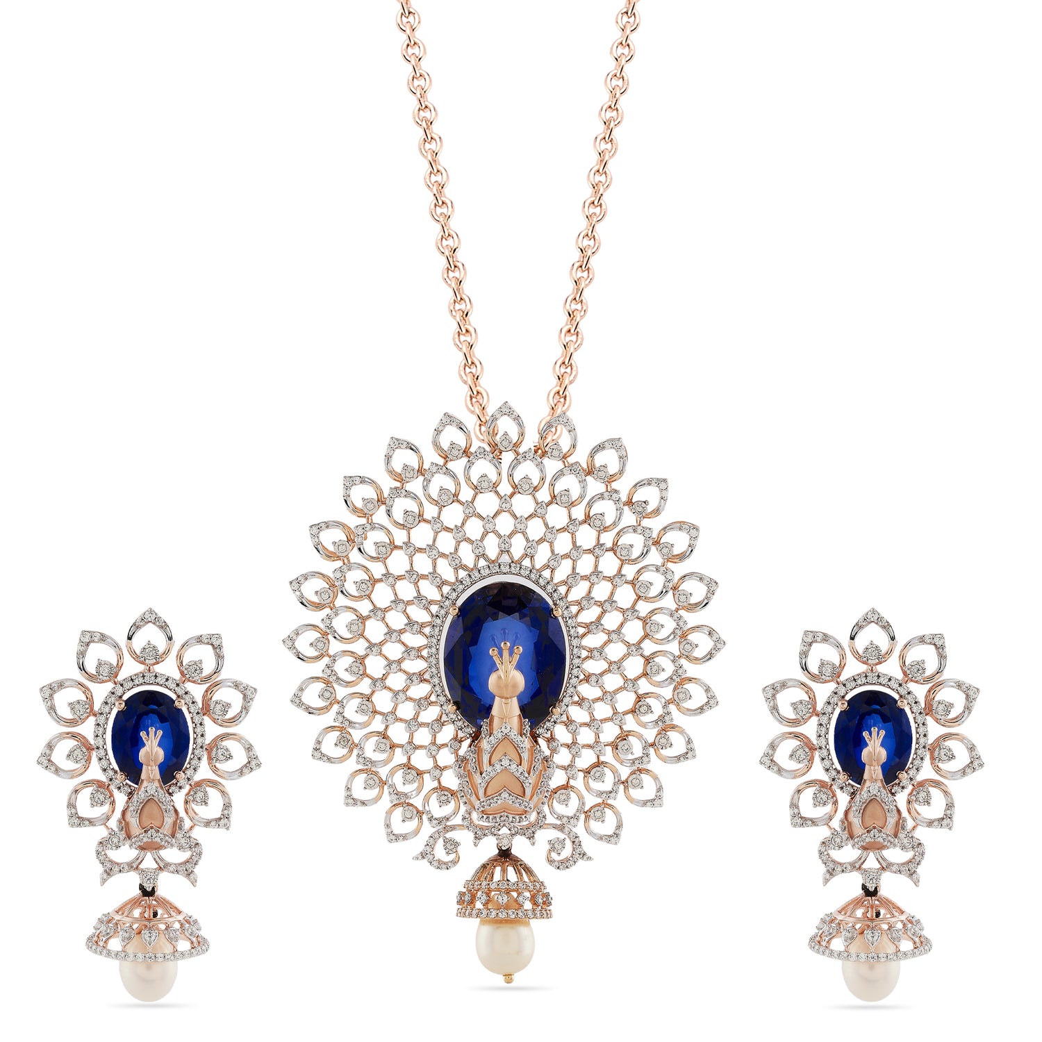 Exquisite Royal Peacock Inspired Filigree Necklace and Jhumka Earring Set