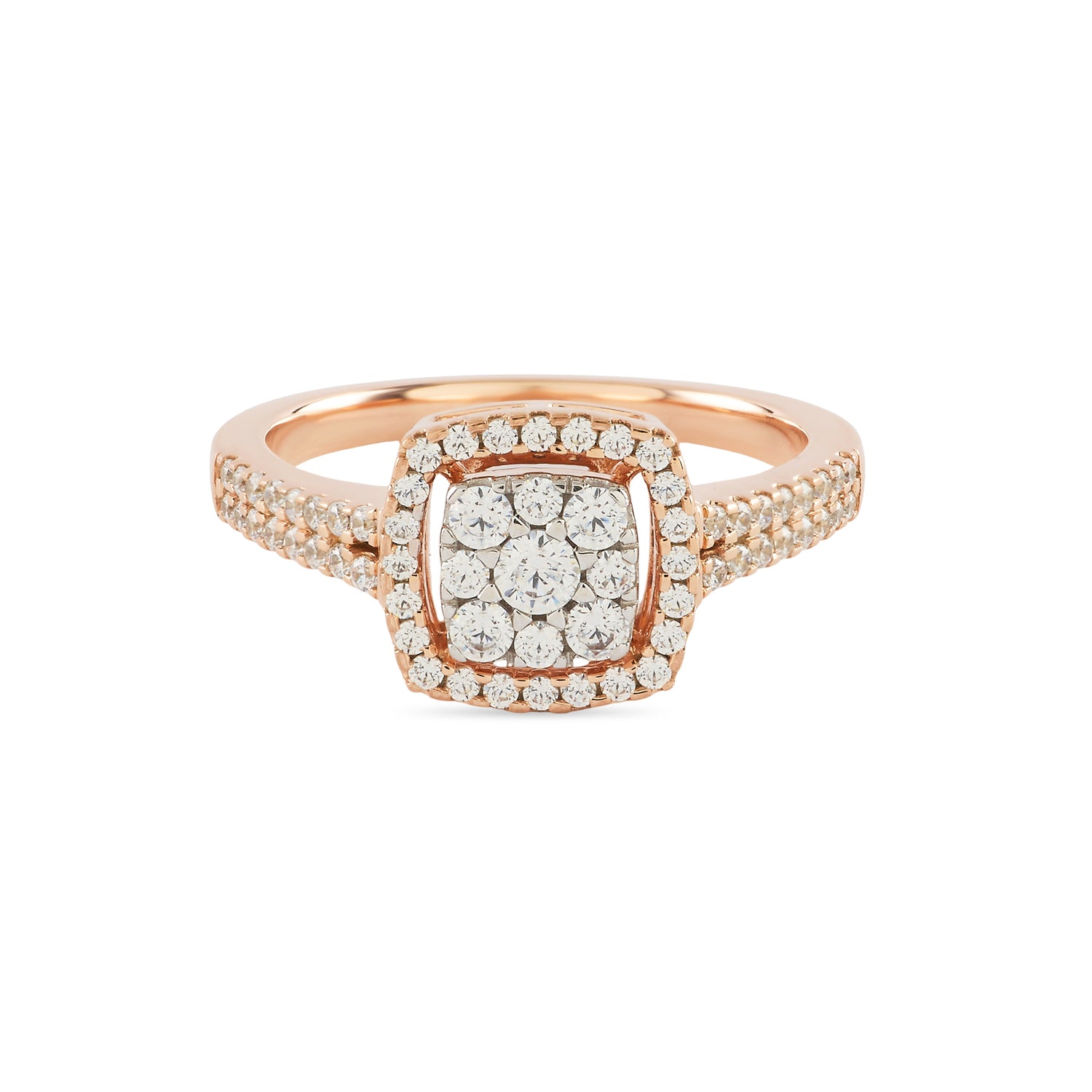 Cushion Halo Cluster Ring With Double Band Design