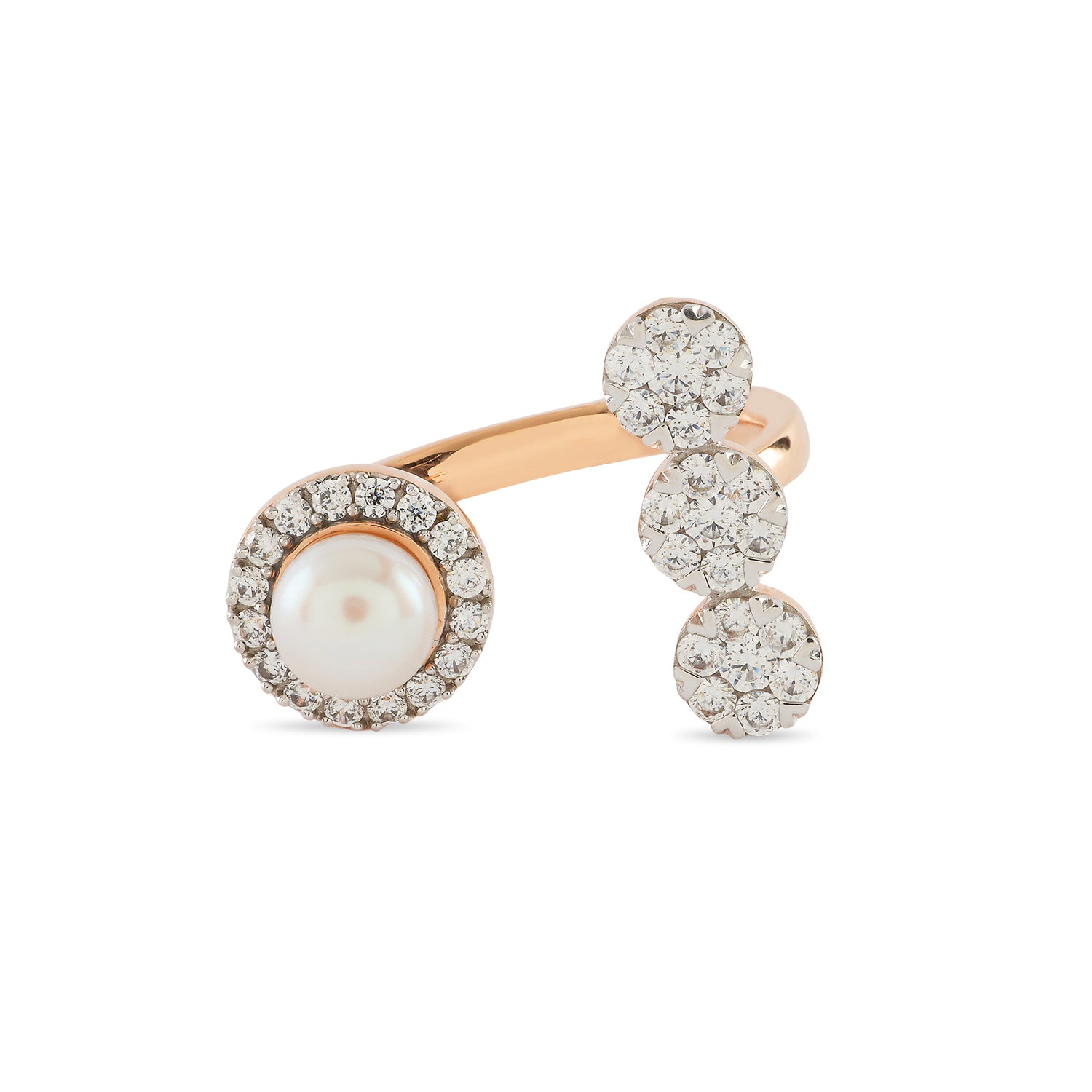 Open-Ended Pearl Accent Ring With Dual Halo Design